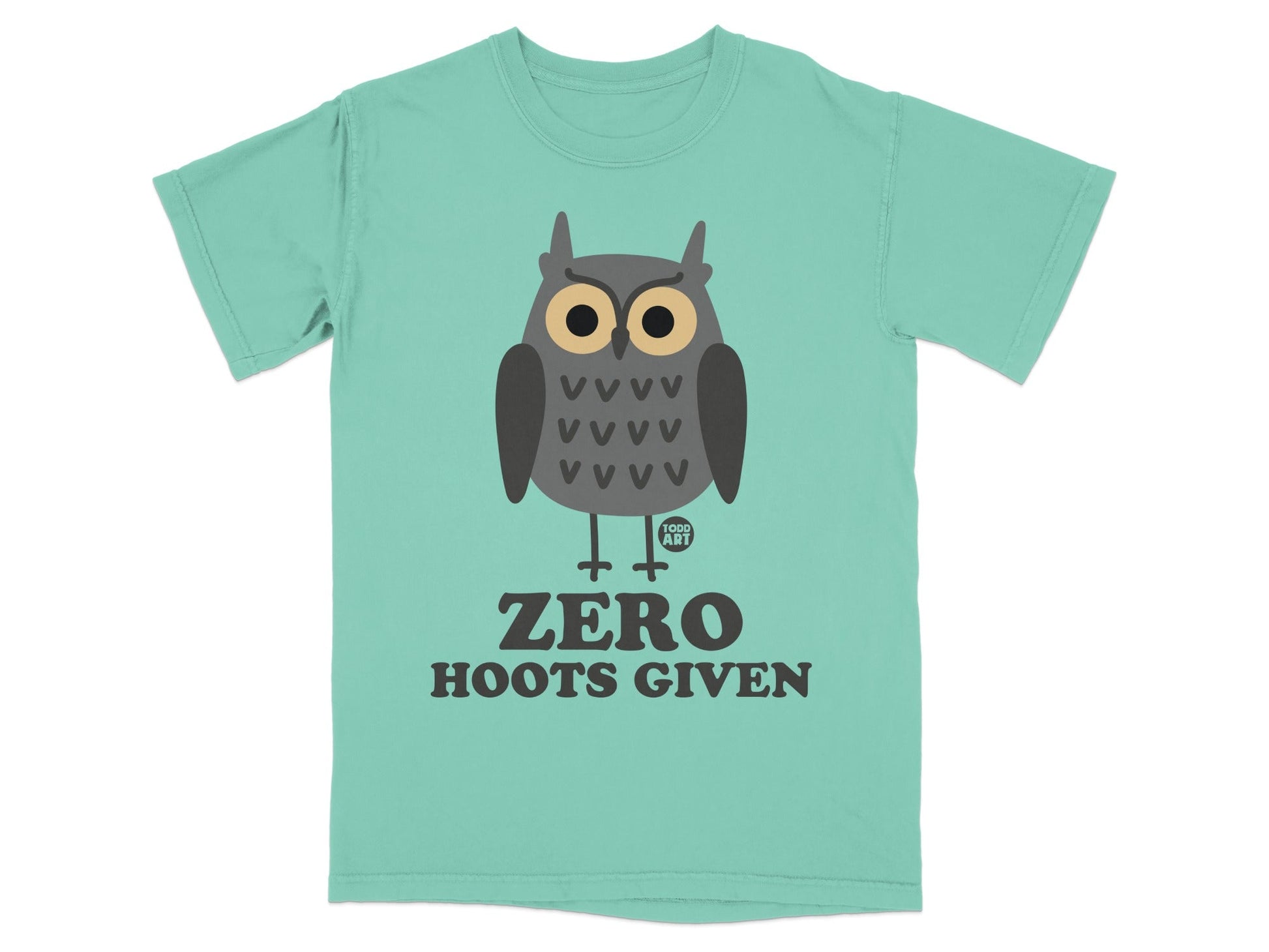 Mint green t-shirt with an owl graphic and the text "ZERO HOOTS GIVEN".