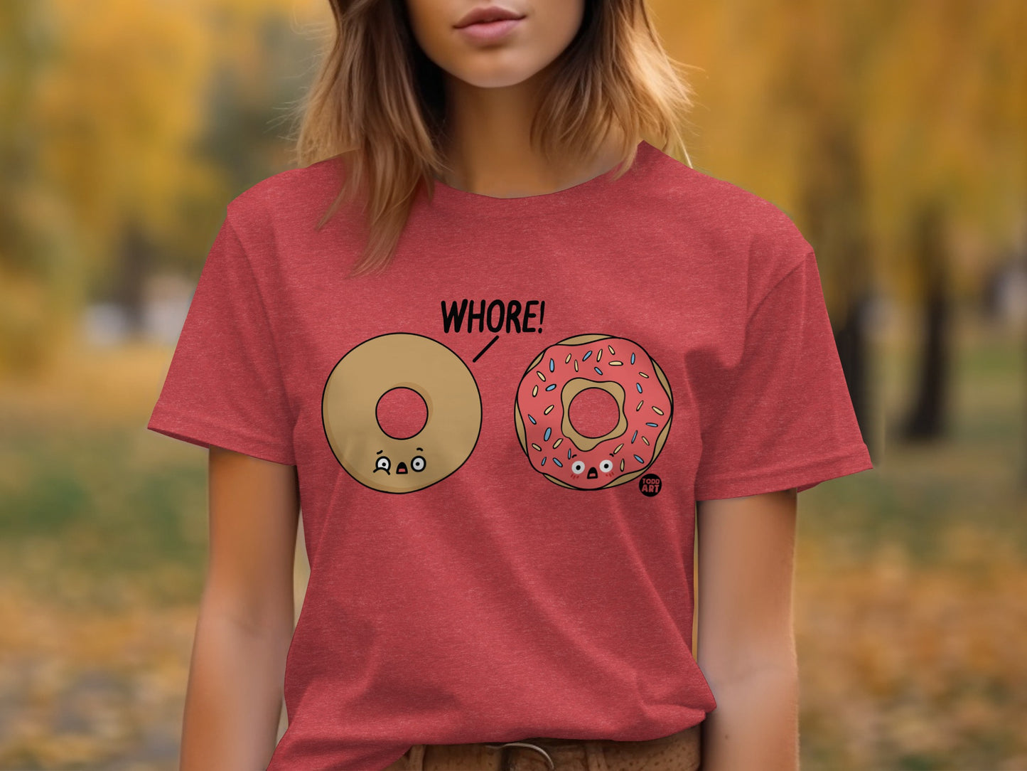 Funny Donut Character Tee with Whore Text Design