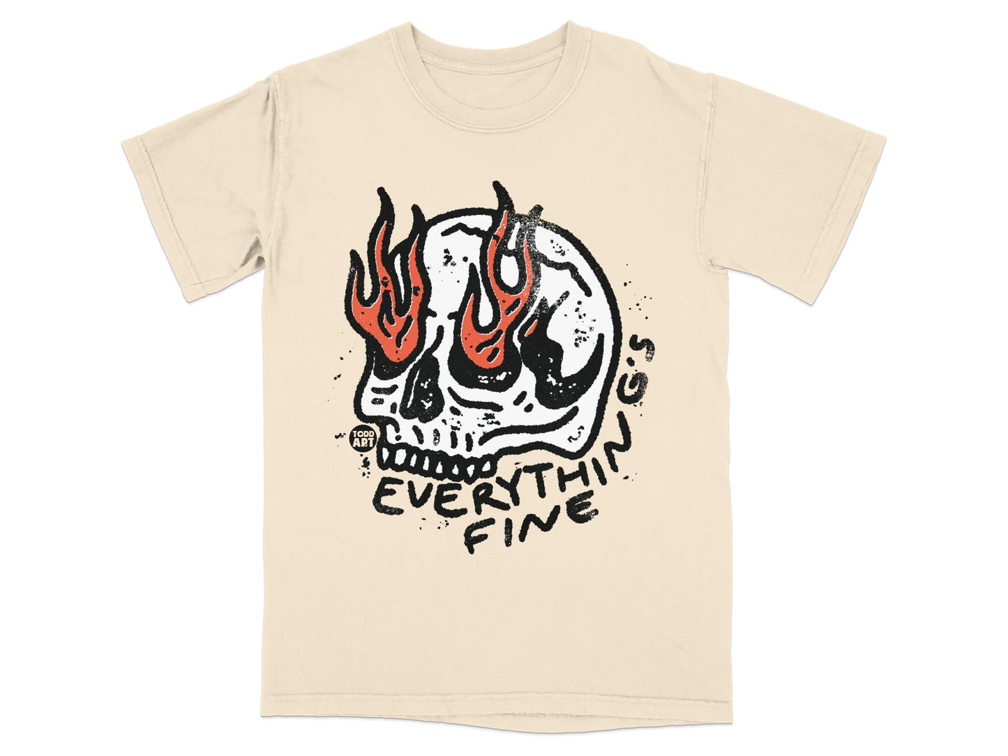 Cream t-shirt with a skull on fire and the text "Everything Fine".