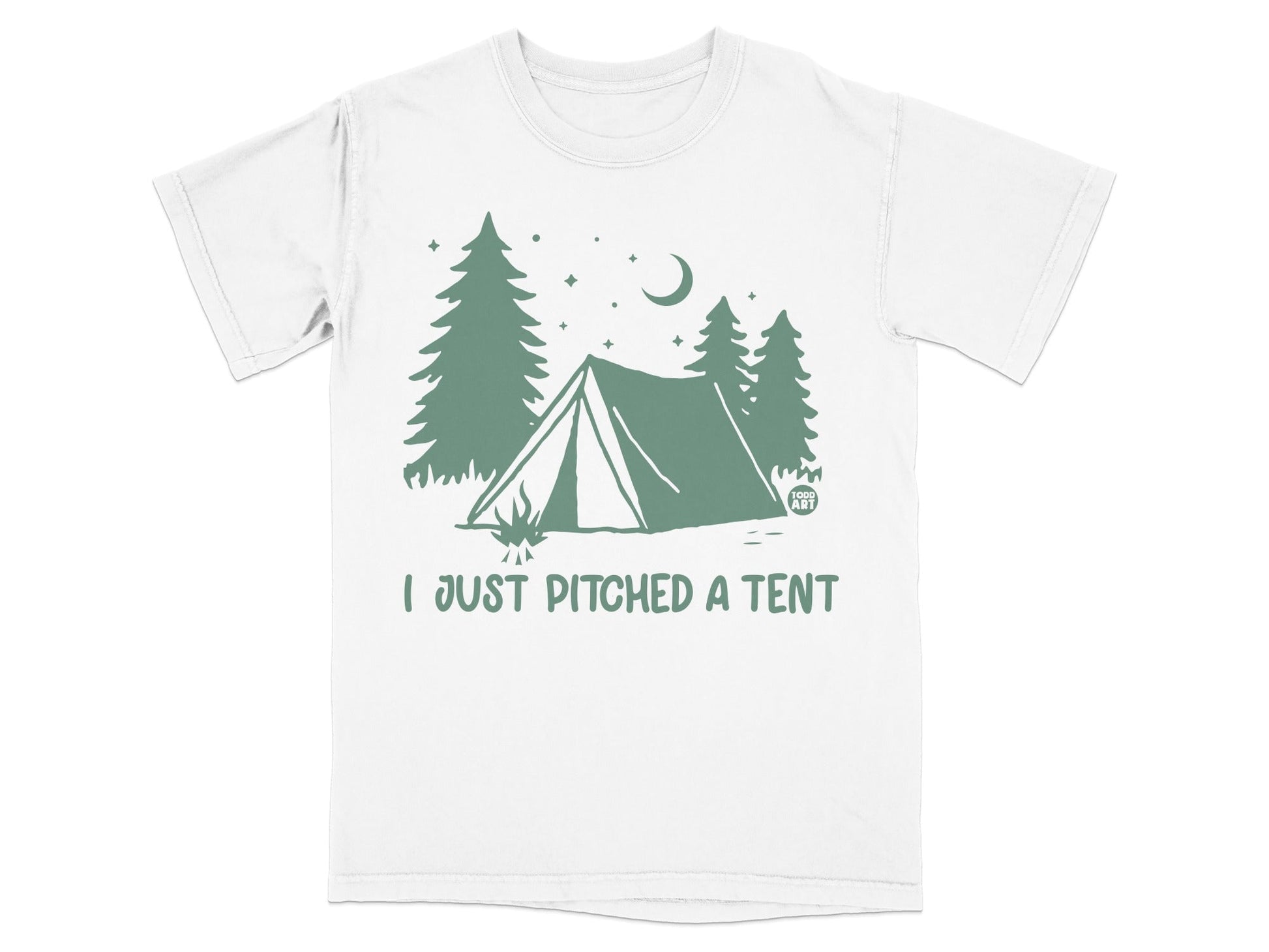 T-shirt with a green graphic of a tent, campfire, and trees with text "I JUST PITCHED A TENT".
