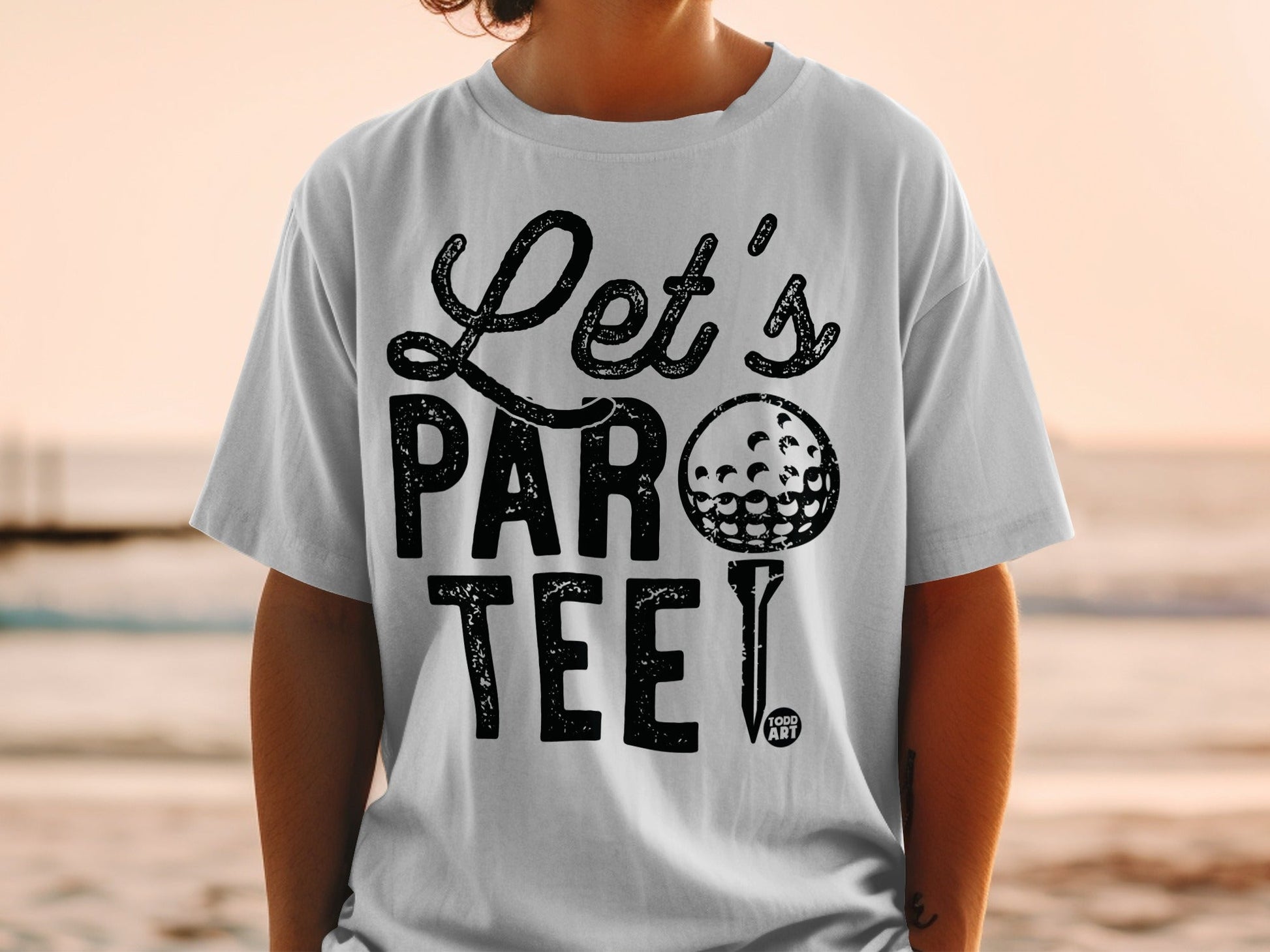 Black graphic tee with "Let's PAR TEE!" and golf ball design.
