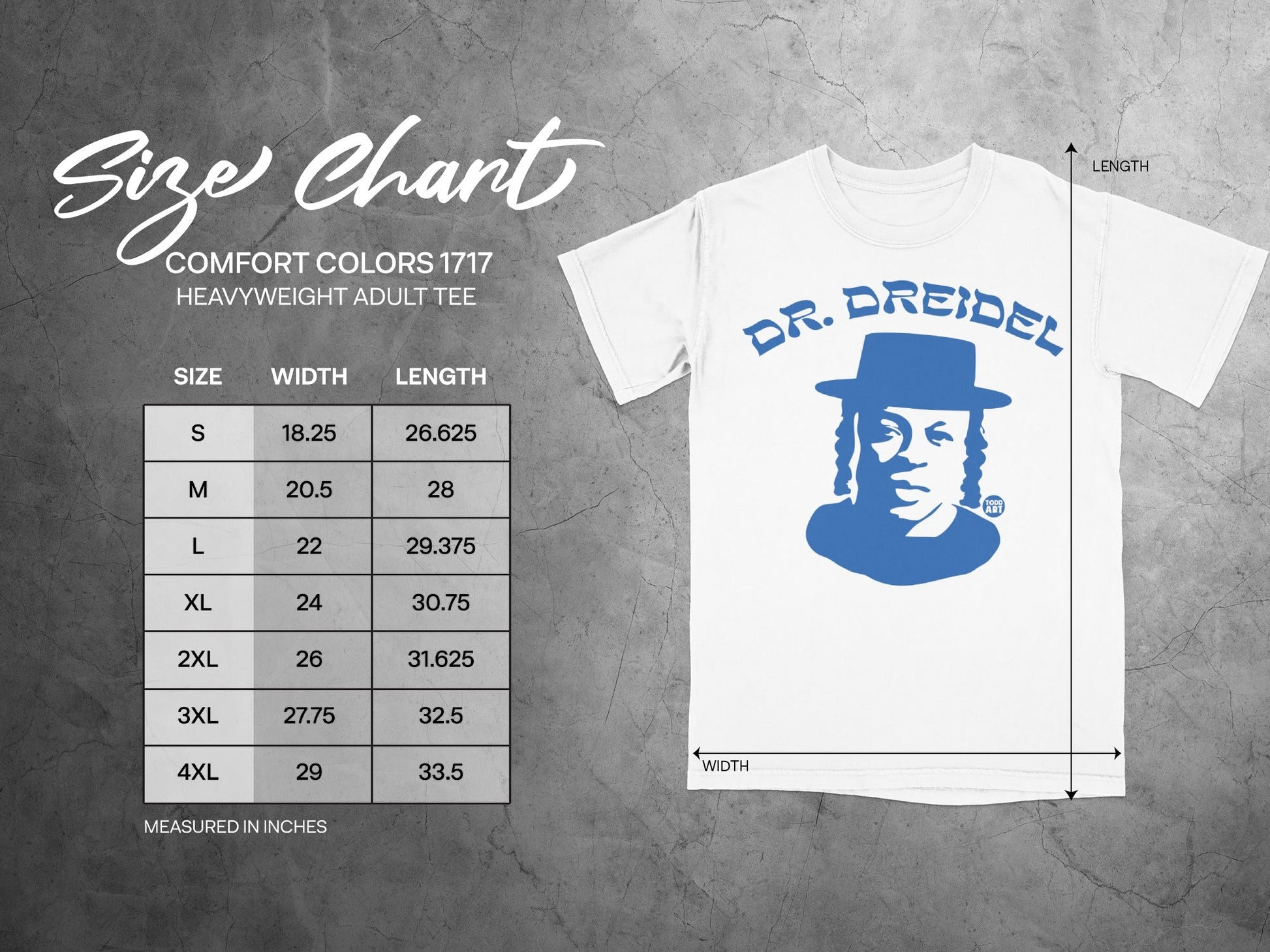 Size chart for Comfort Colors 1717 heavyweight adult tee with Dr. Dreidel graphic.