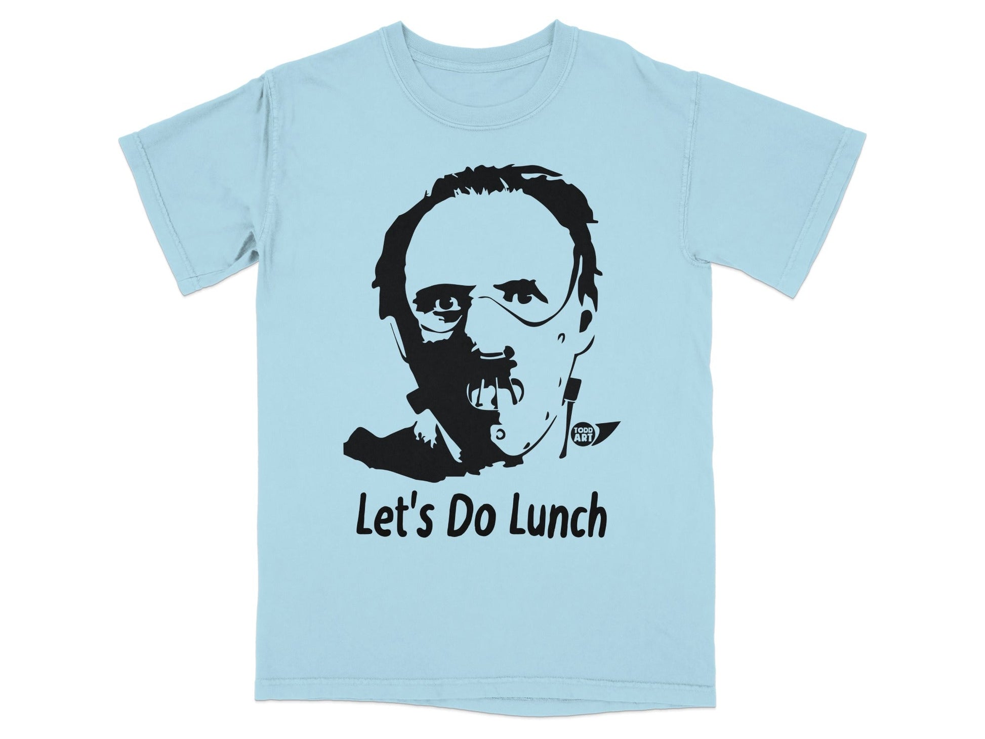 Light blue t-shirt with a black graphic of a face and the text "Let's Do Lunch".