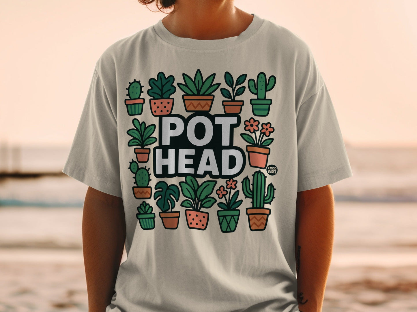 T-shirt with "POT HEAD" text and potted plants design.