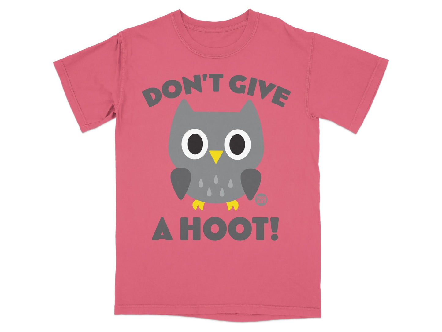Pink t-shirt with a cartoon owl graphic and text "DON'T GIVE A HOOT!".