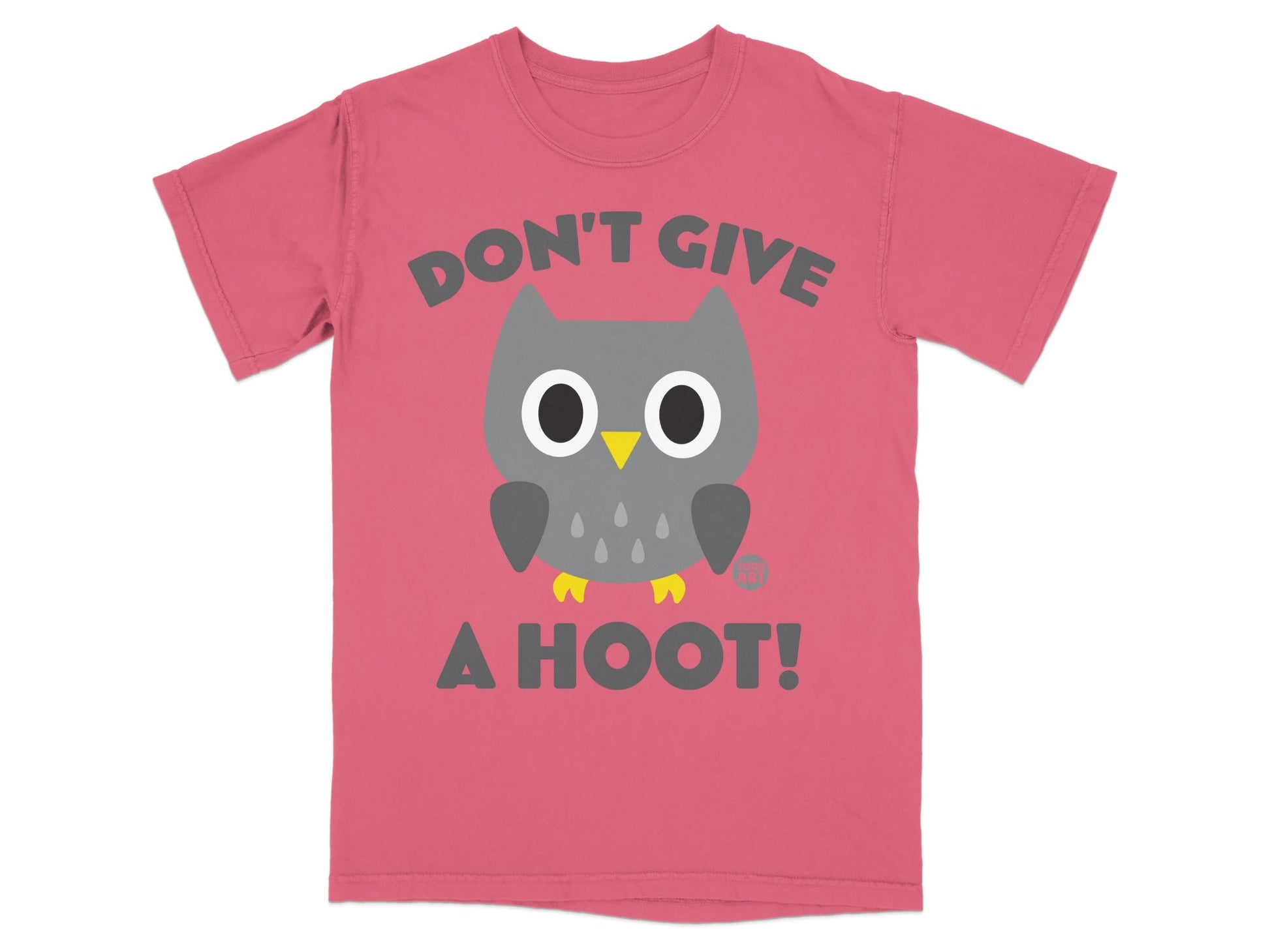 Pink t-shirt with a cartoon owl graphic and text "DON'T GIVE A HOOT!".