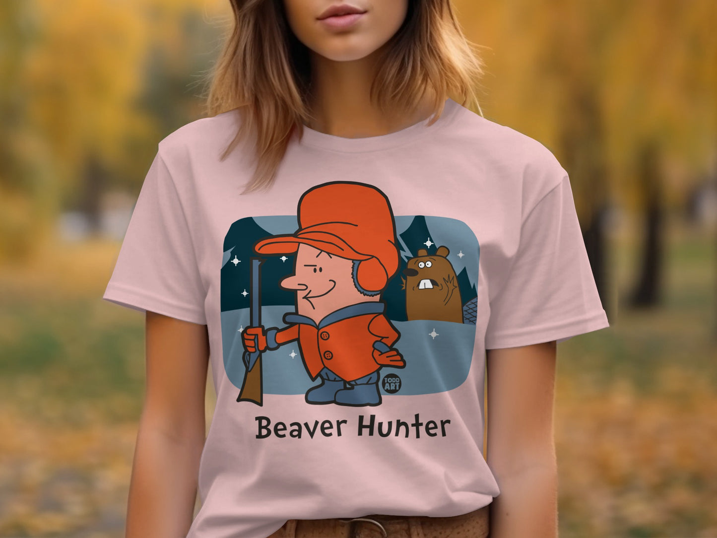 Beaver Hunter Cartoon Graphic Tee Shirt