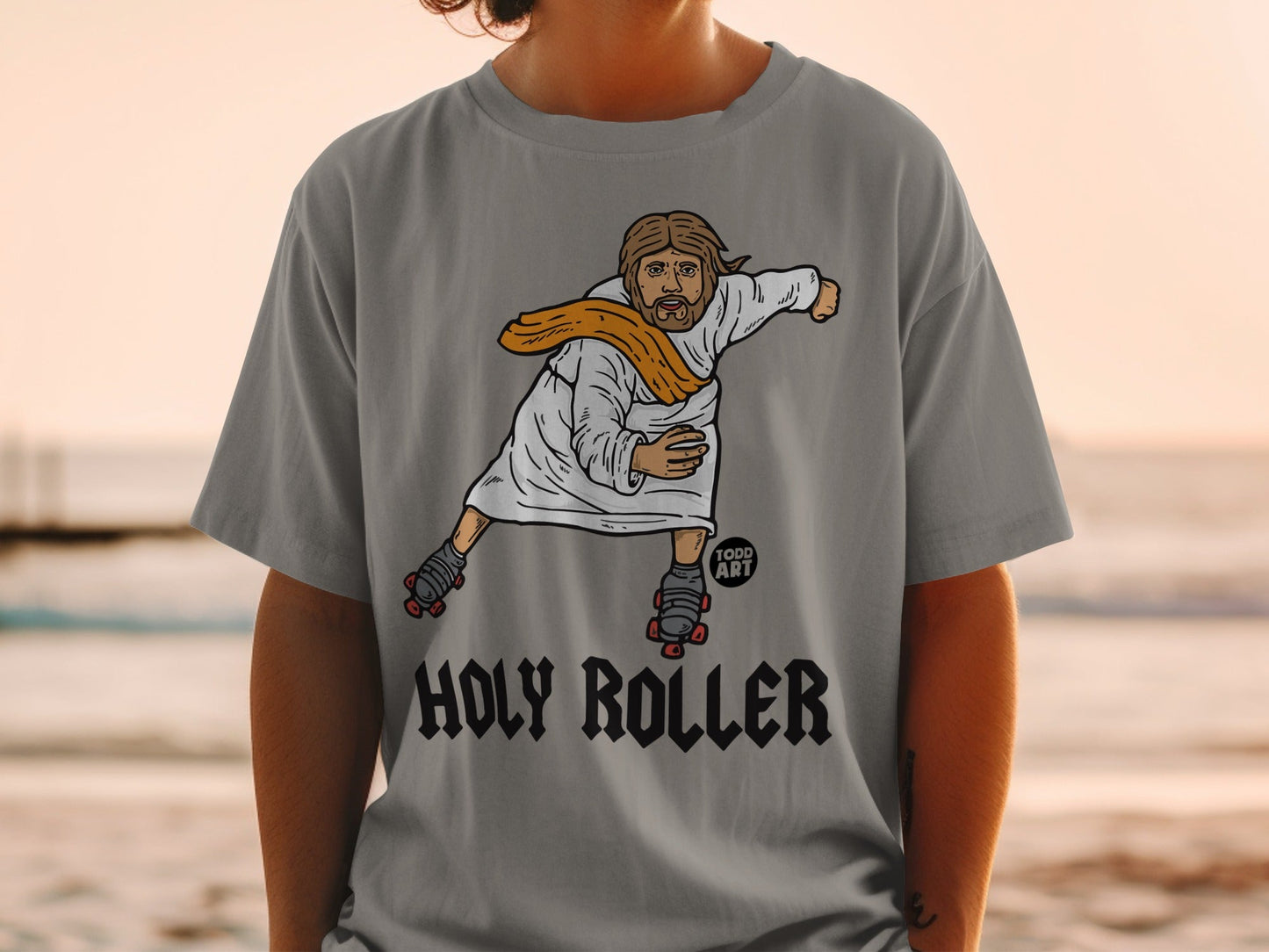 Jesus on roller skates wearing a white robe and orange sash.