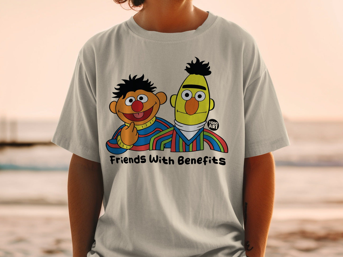 Bert and Ernie from Sesame Street on a t-shirt, "Friends With Benefits" text.