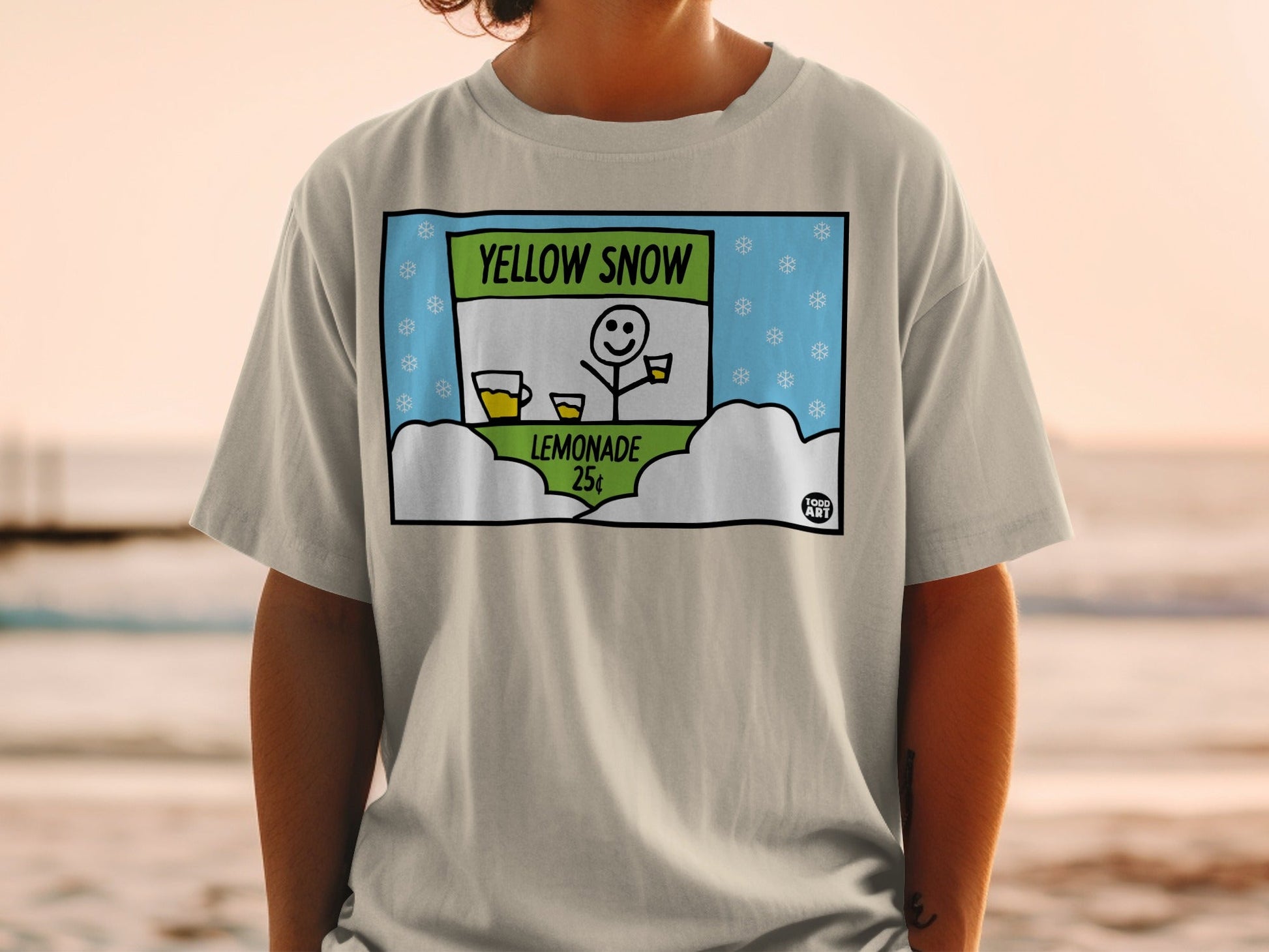 T-shirt graphic with "Yellow Snow Lemonade 25¬¢" and stick figure.
