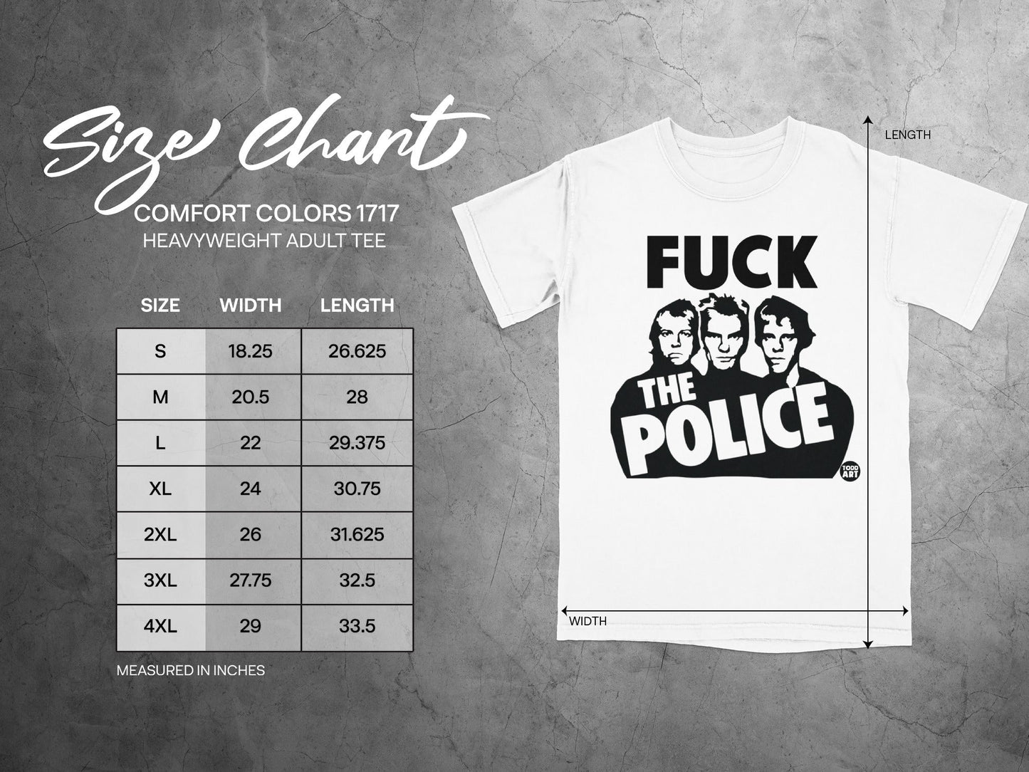 Comfort Colors 1717 heavyweight adult tee size chart with measurements.