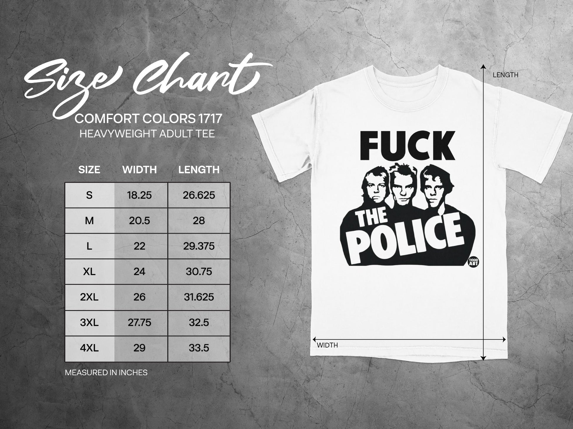 Comfort Colors 1717 heavyweight adult tee size chart with measurements.