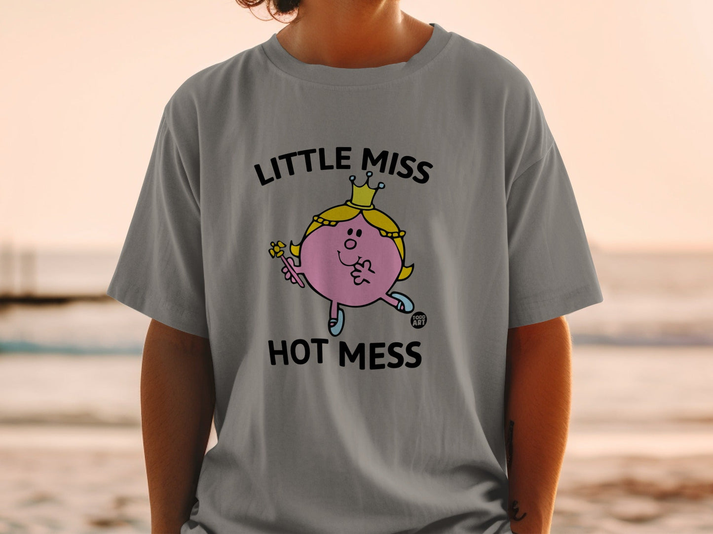 Little Miss Hot Mess graphic tee on grey t-shirt.