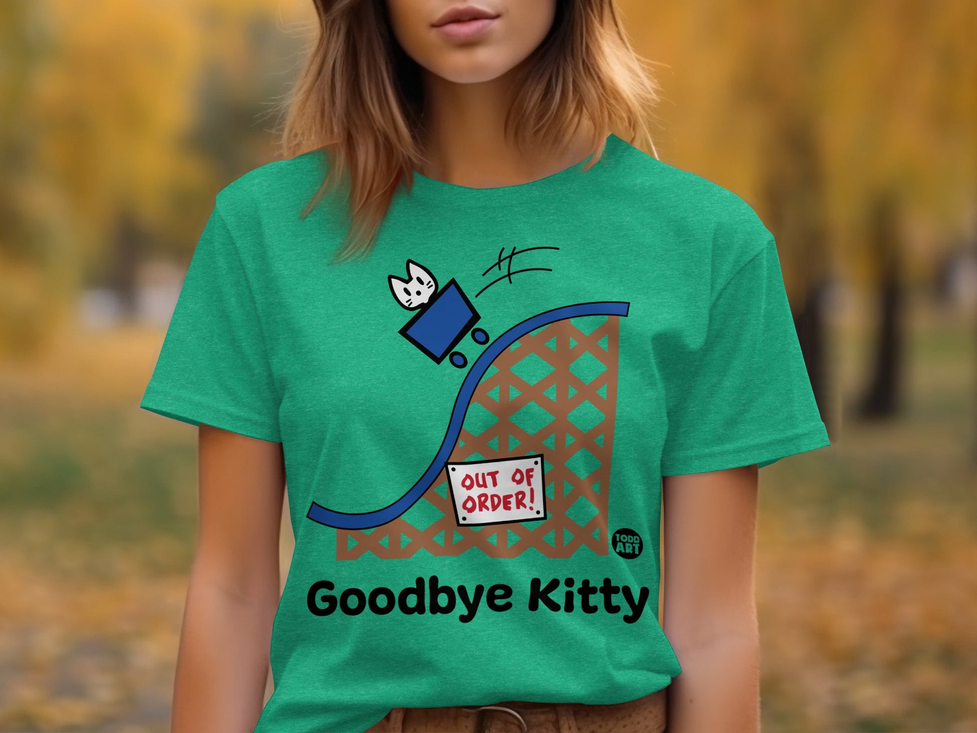 Goodbye Kitty Out of Order Design Green T-shirt