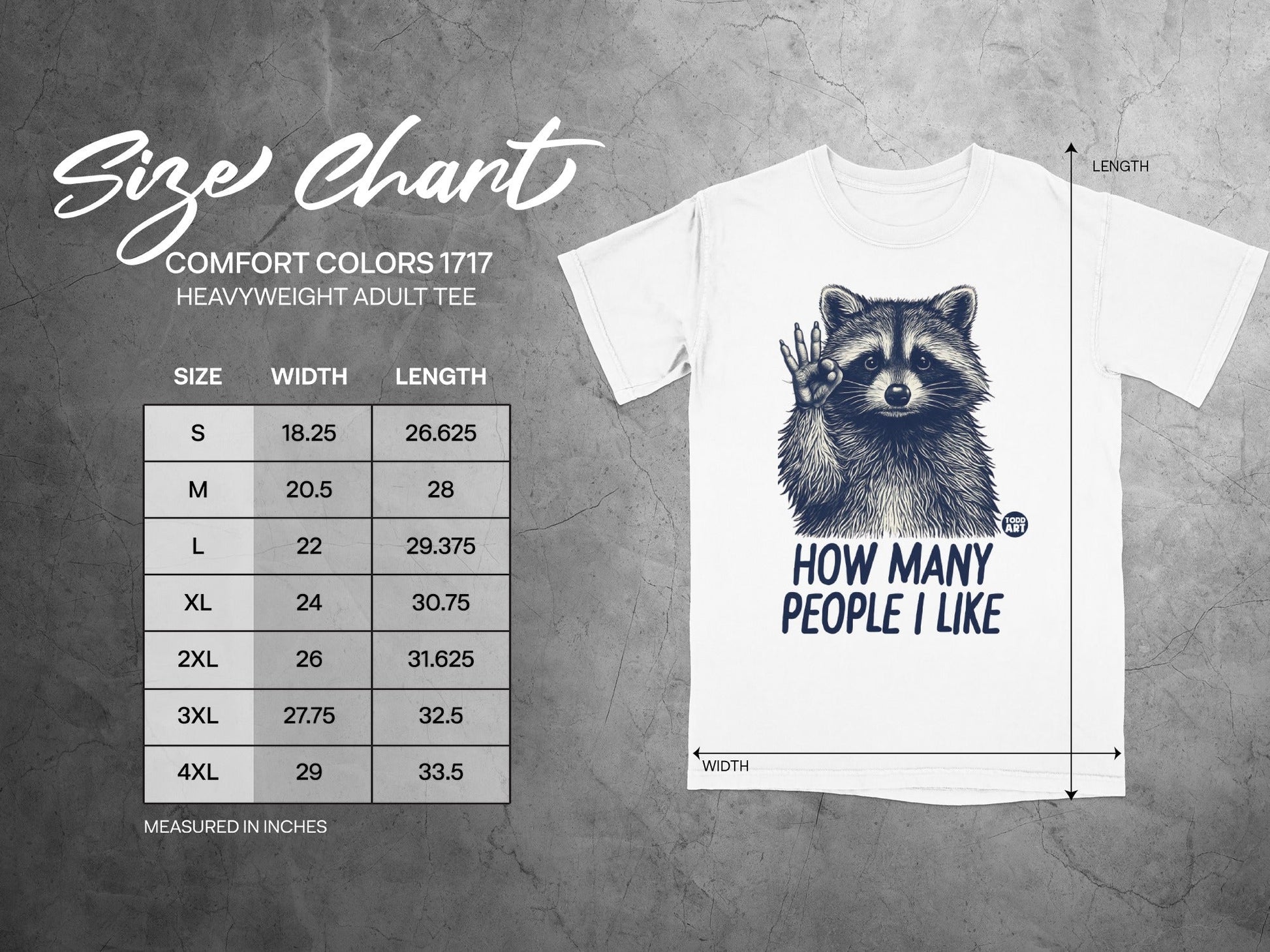 Size chart for Comfort Colors 1717 heavyweight adult tee with raccoon graphic.