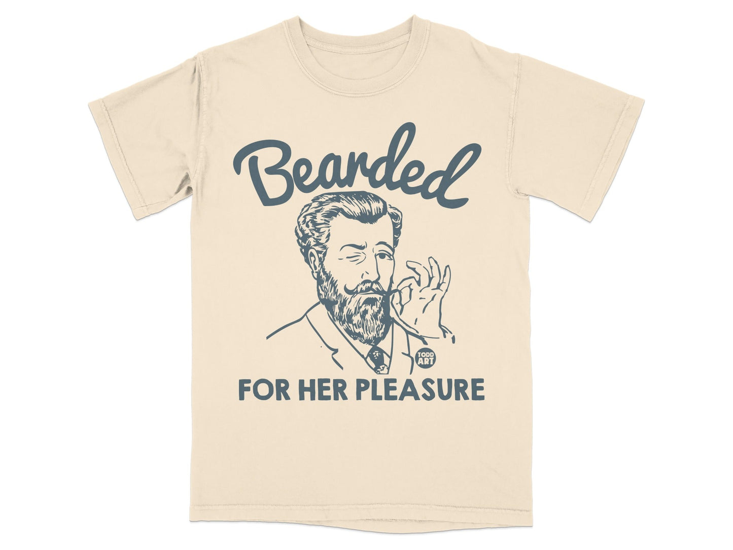 Bearded graphic with pipe and text "FOR HER PLEASURE" on a t-shirt.