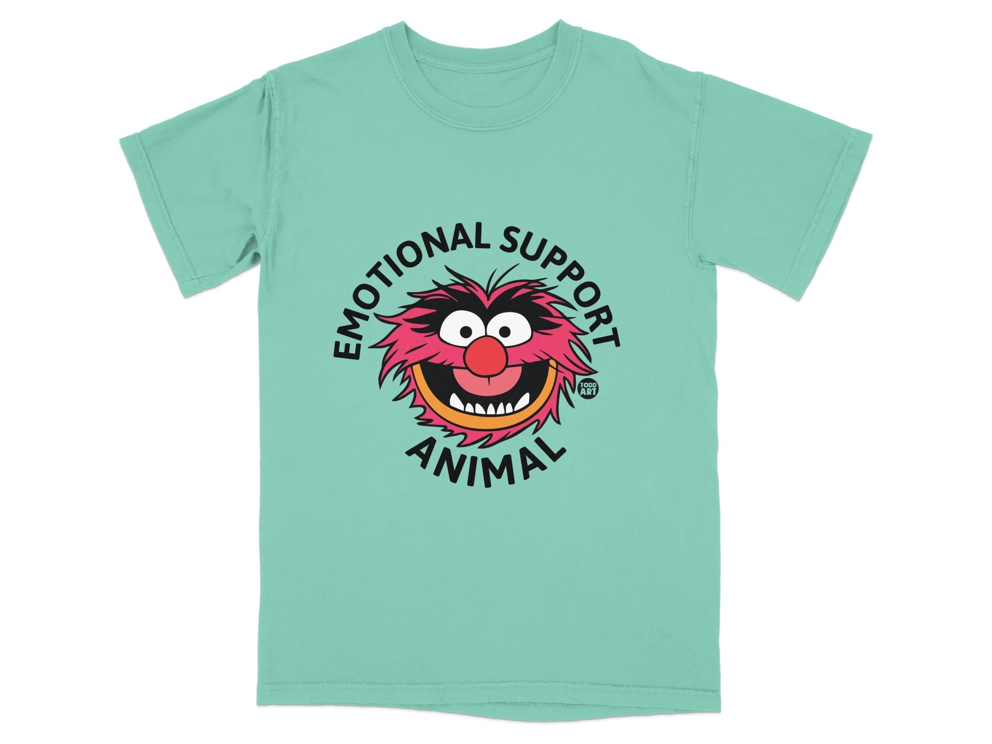 Teal t-shirt with cartoon animal face saying "Emotional Support Animal".