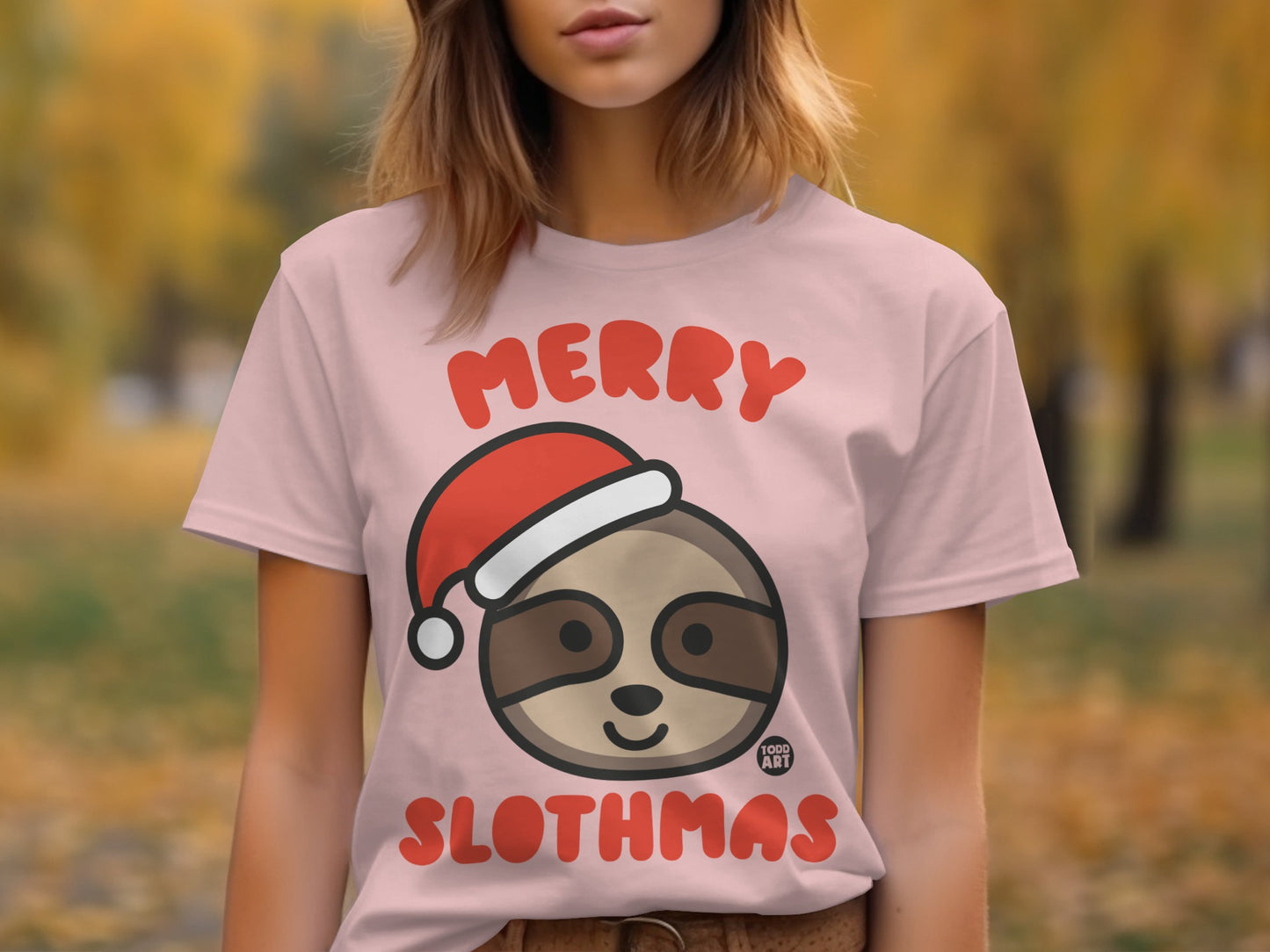 Merry Slothmas Santa Hat Graphic Tee Shirt