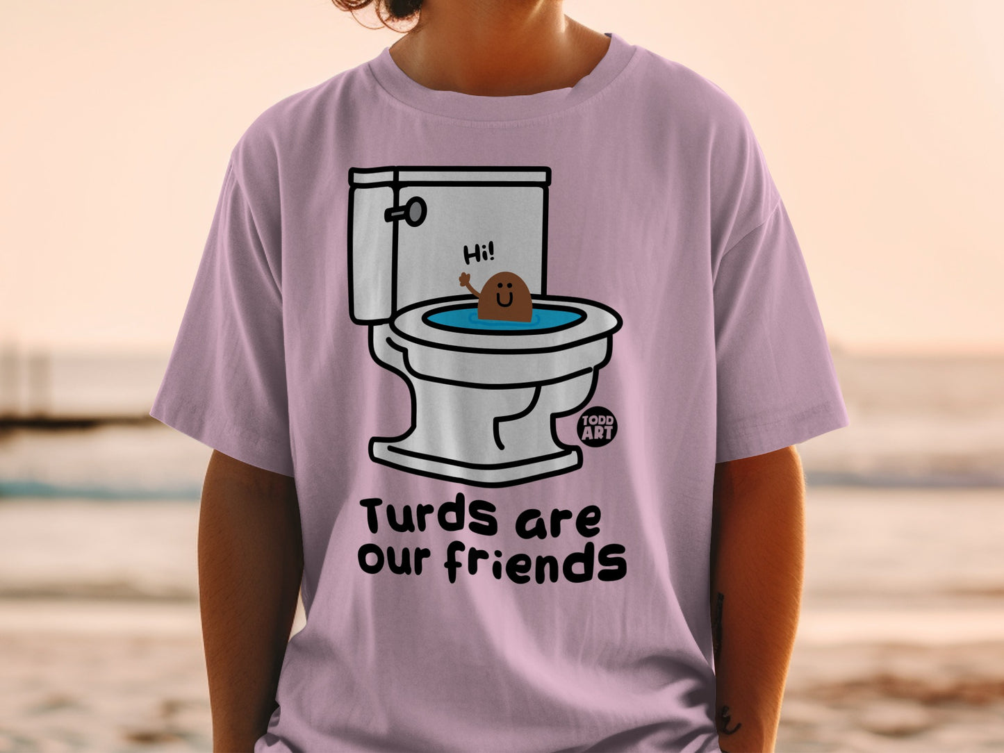 Purple t-shirt with a cartoon toilet and "Turds are our friends" text.