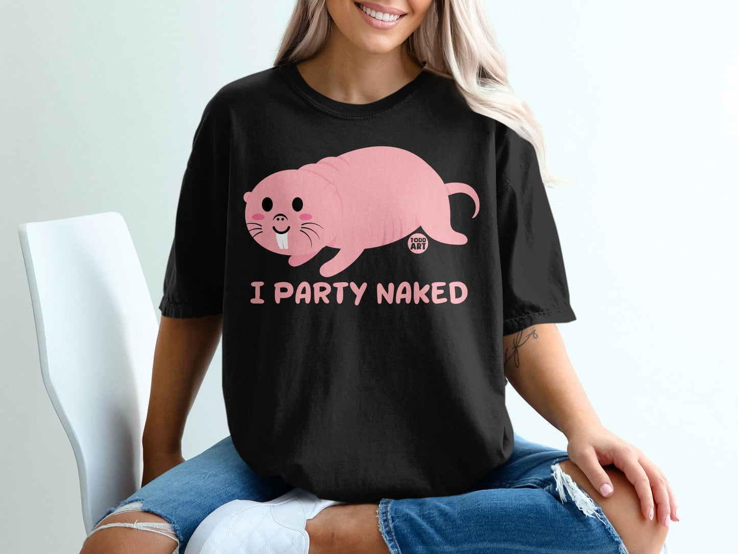 I Party Naked Funny Cute Mole Graphic T-Shirt for Adults