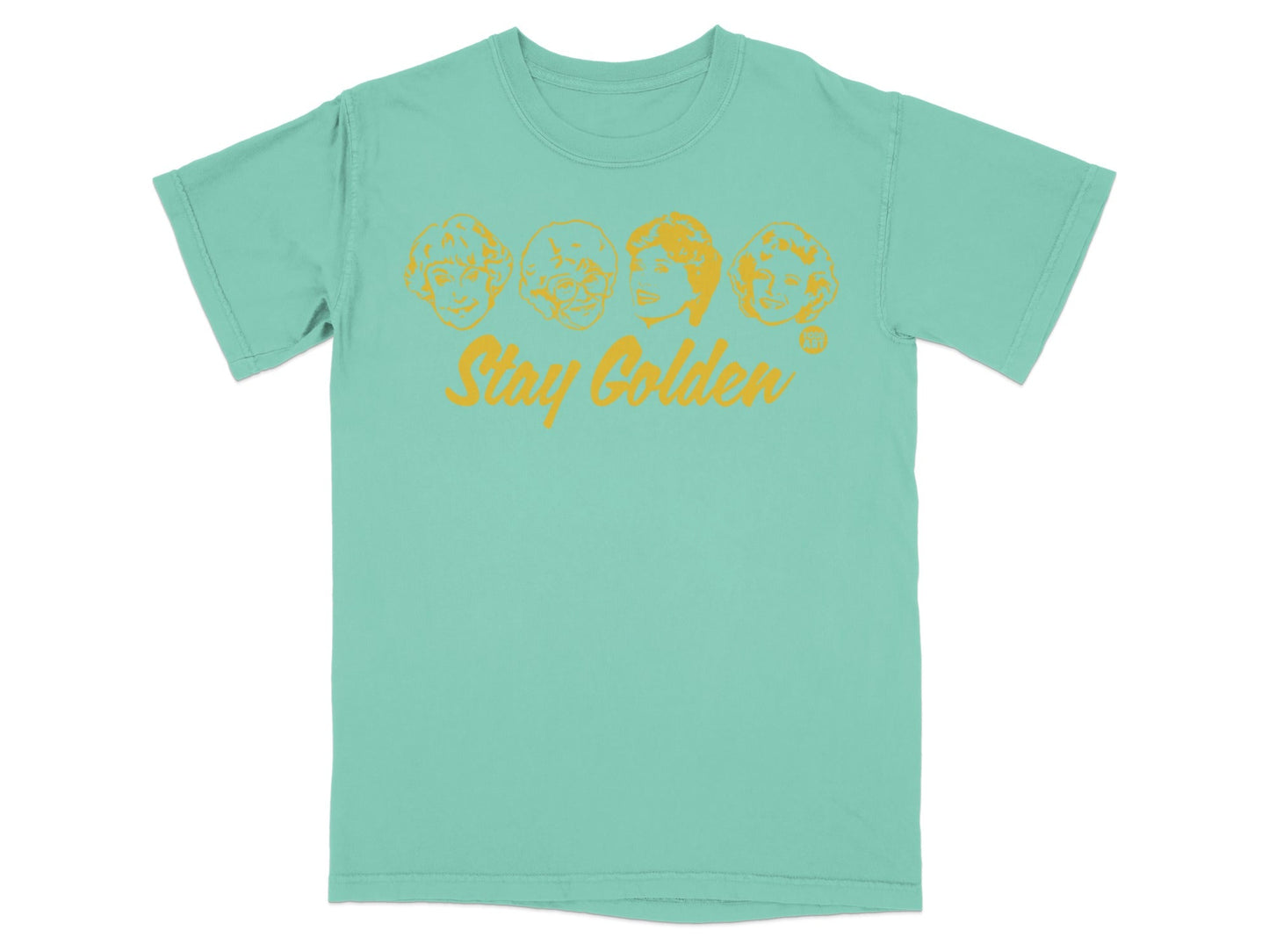 Teal t-shirt with Golden Girls faces and "Stay Golden" text.