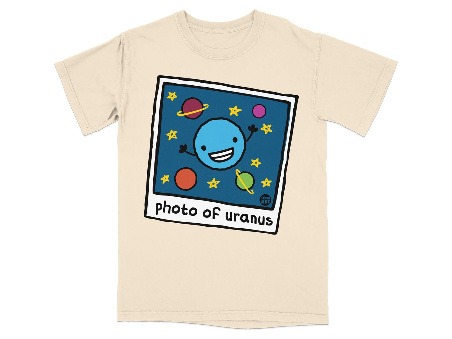 T-shirt with cartoon blue planet smiling, "photo of uranus" text.