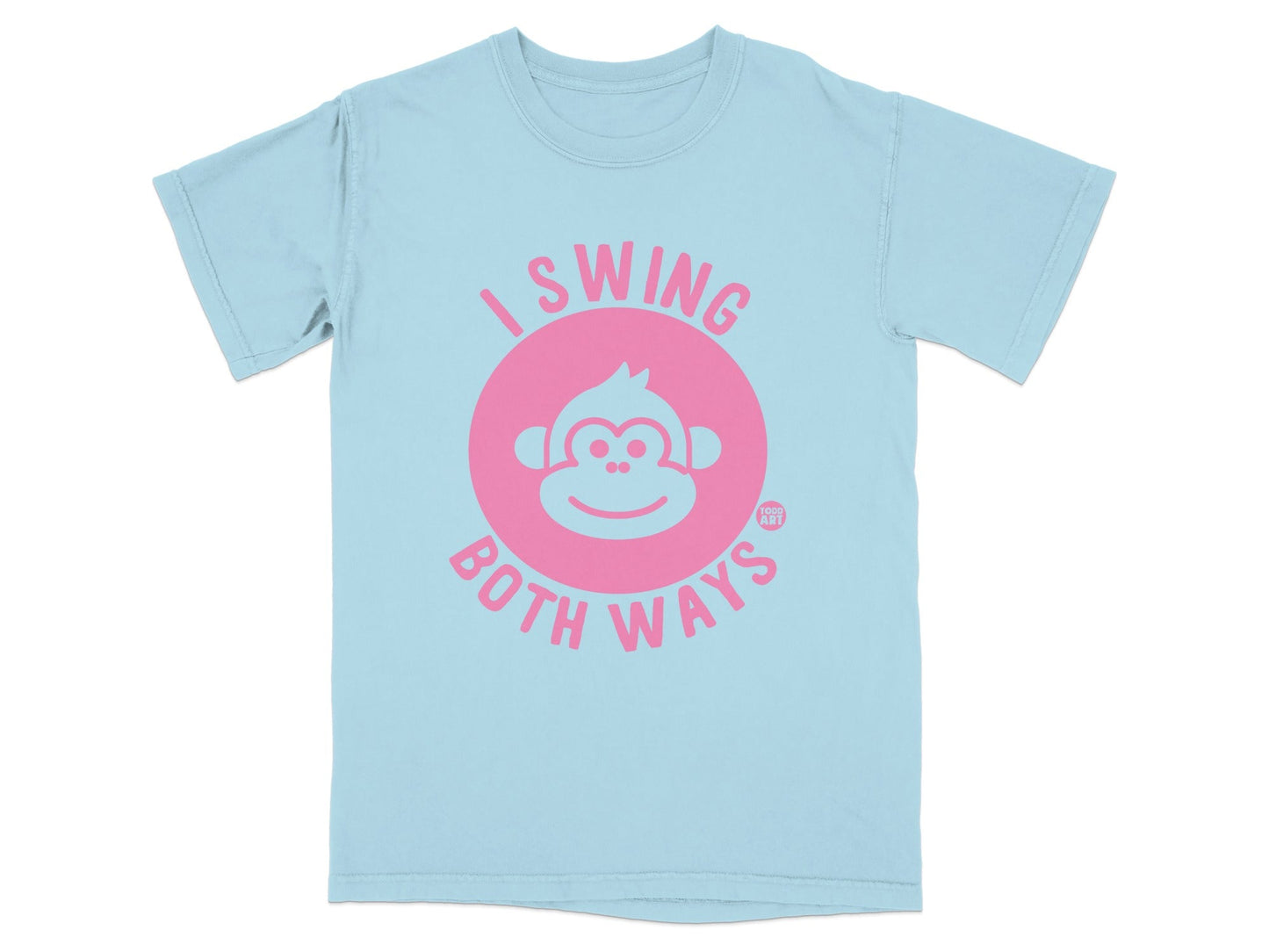Light blue t-shirt with pink "I SWING BOTH WAYS" text and monkey logo.