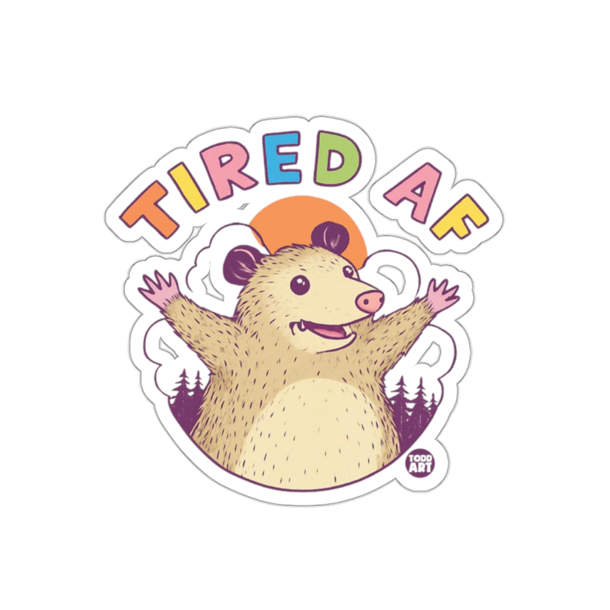Tired AF Opossum with Trees and Sunset Funny Animal sticker