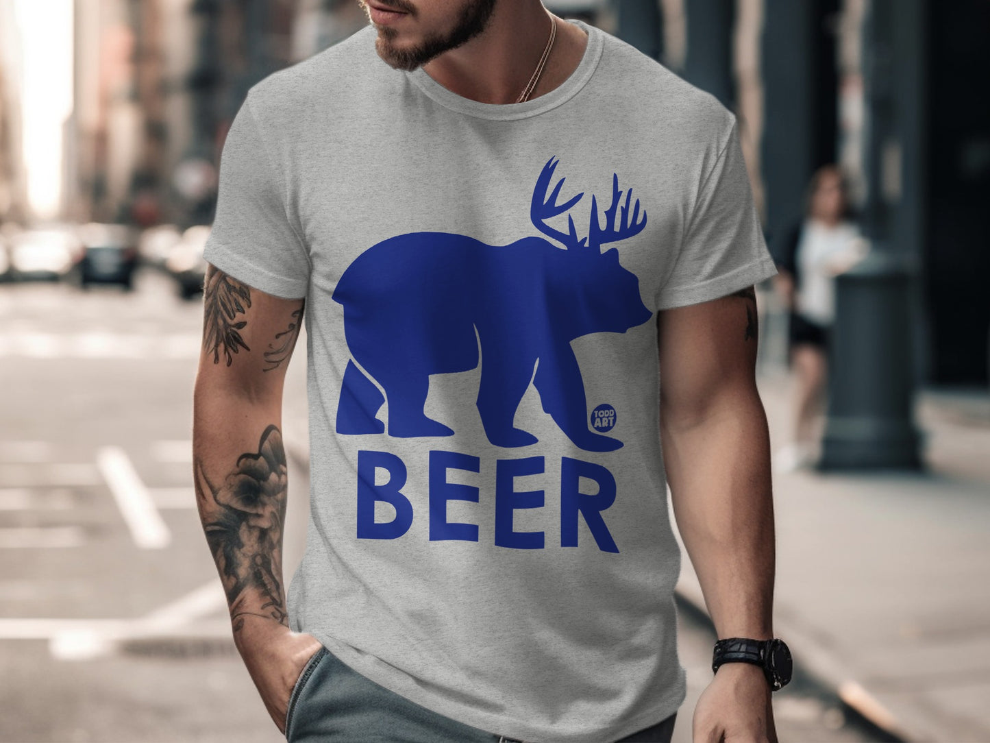 Creative Blue Bear Design BEER Graphic T-Shirt