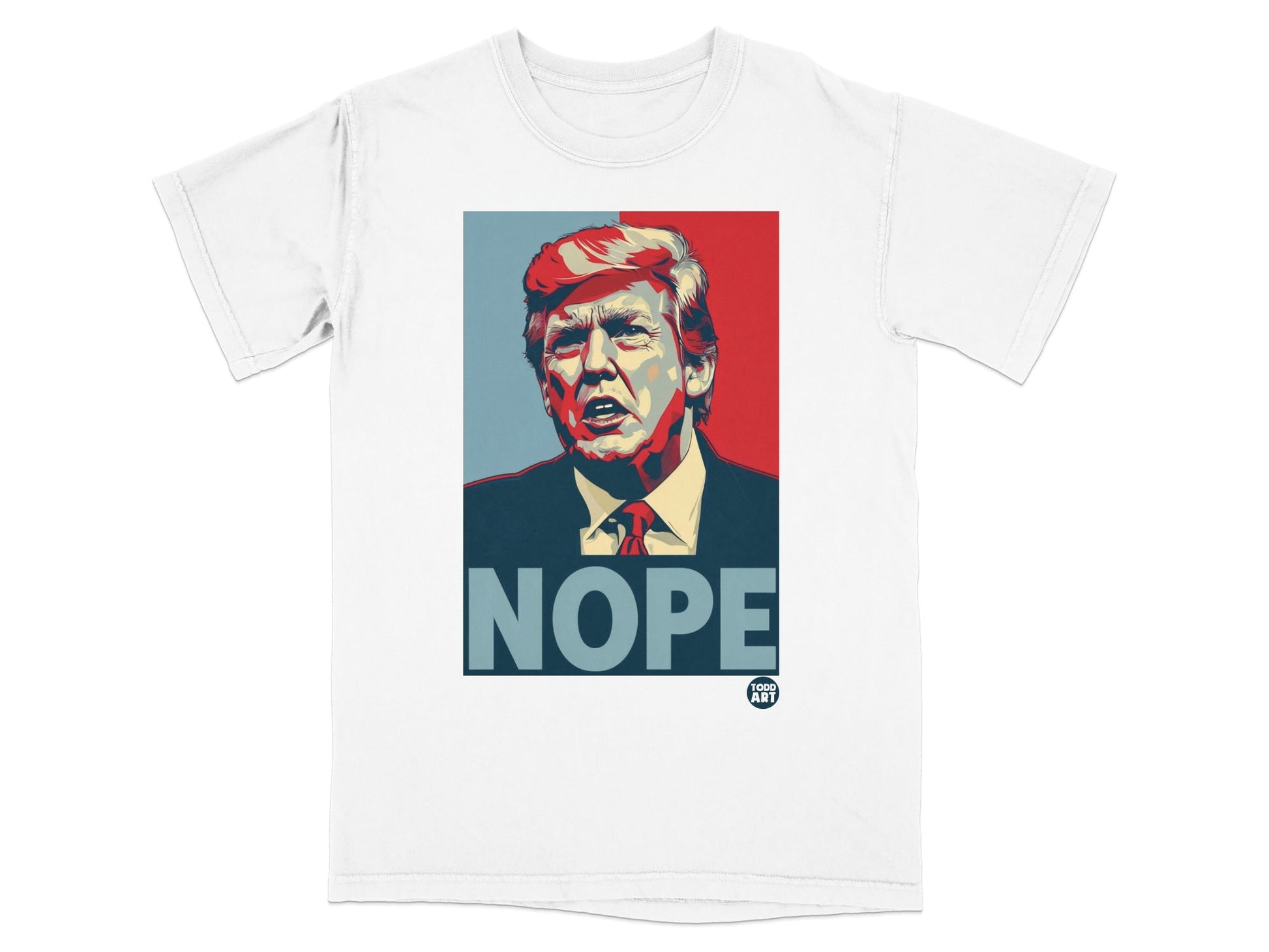 White t-shirt with bold red and blue graphic of Donald Trump and "NOPE" text.