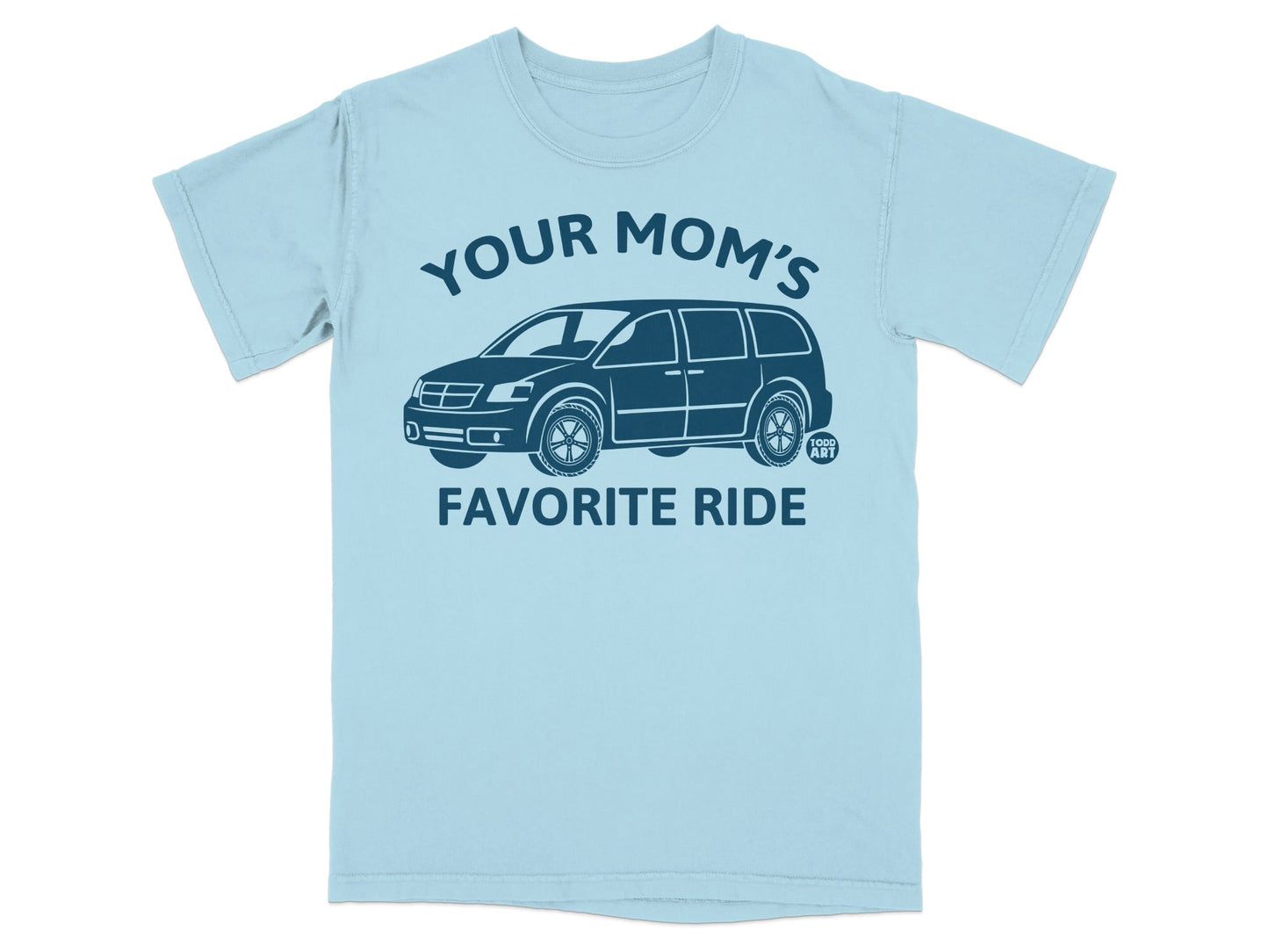 Light blue t-shirt with dark blue graphic of a minivan and text.