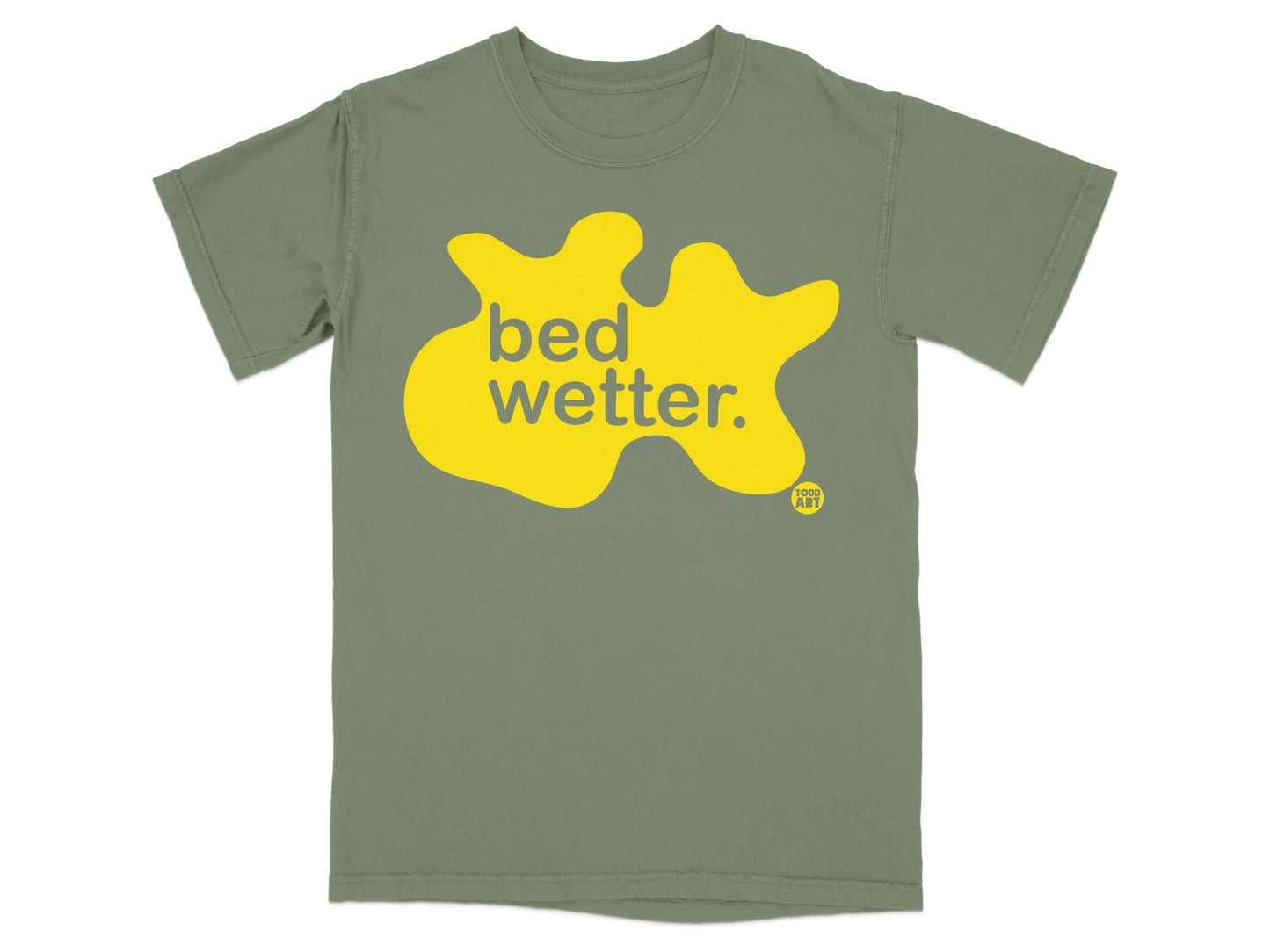 Olive green t-shirt with yellow "bed wetter." text and a small logo.