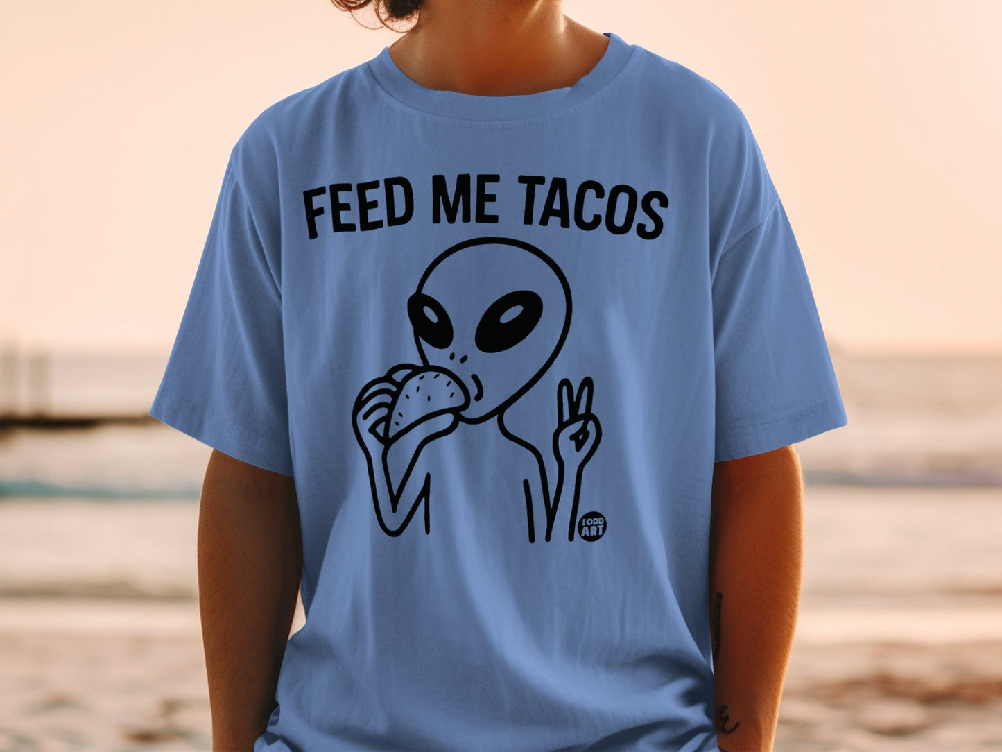 Feed Me Tacos Alien Peace Sign Graphic T-Shirt