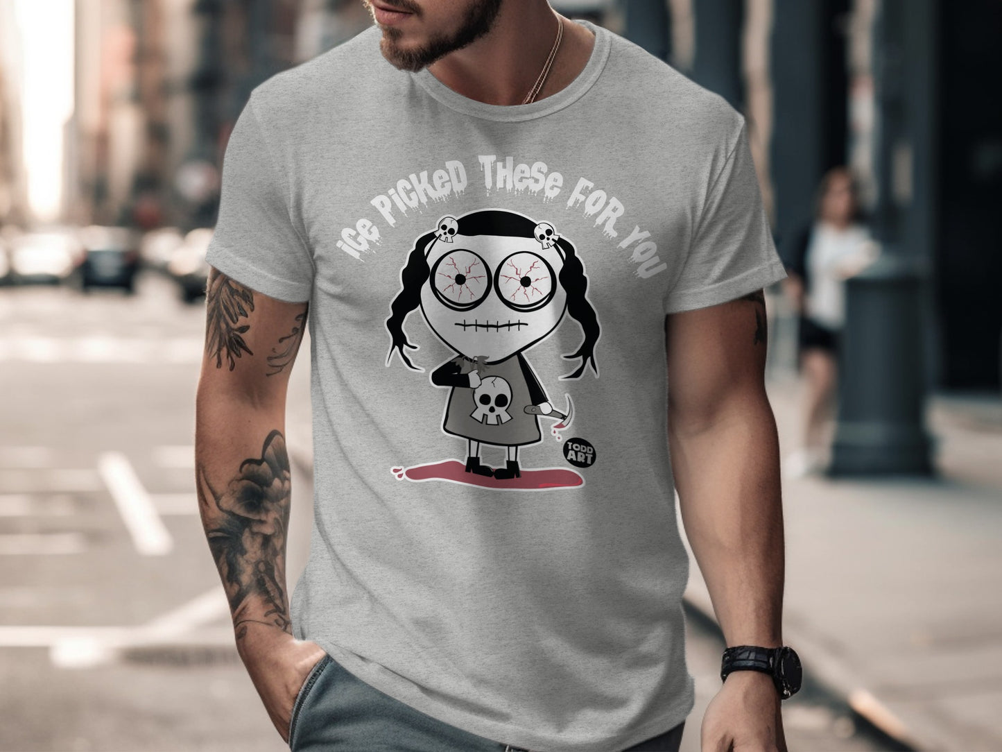 Creepy Doll Themed Graphic Tee with Catchy Slogan