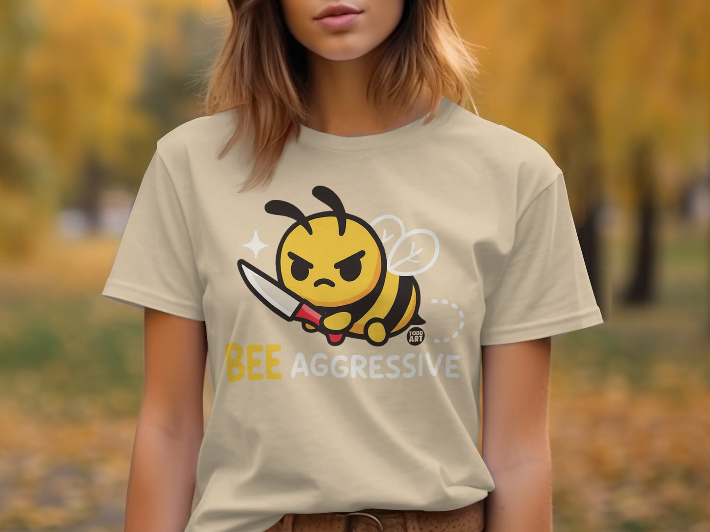 Bee Aggressive Graphic Teeshirt with Knife-Wielding Bee