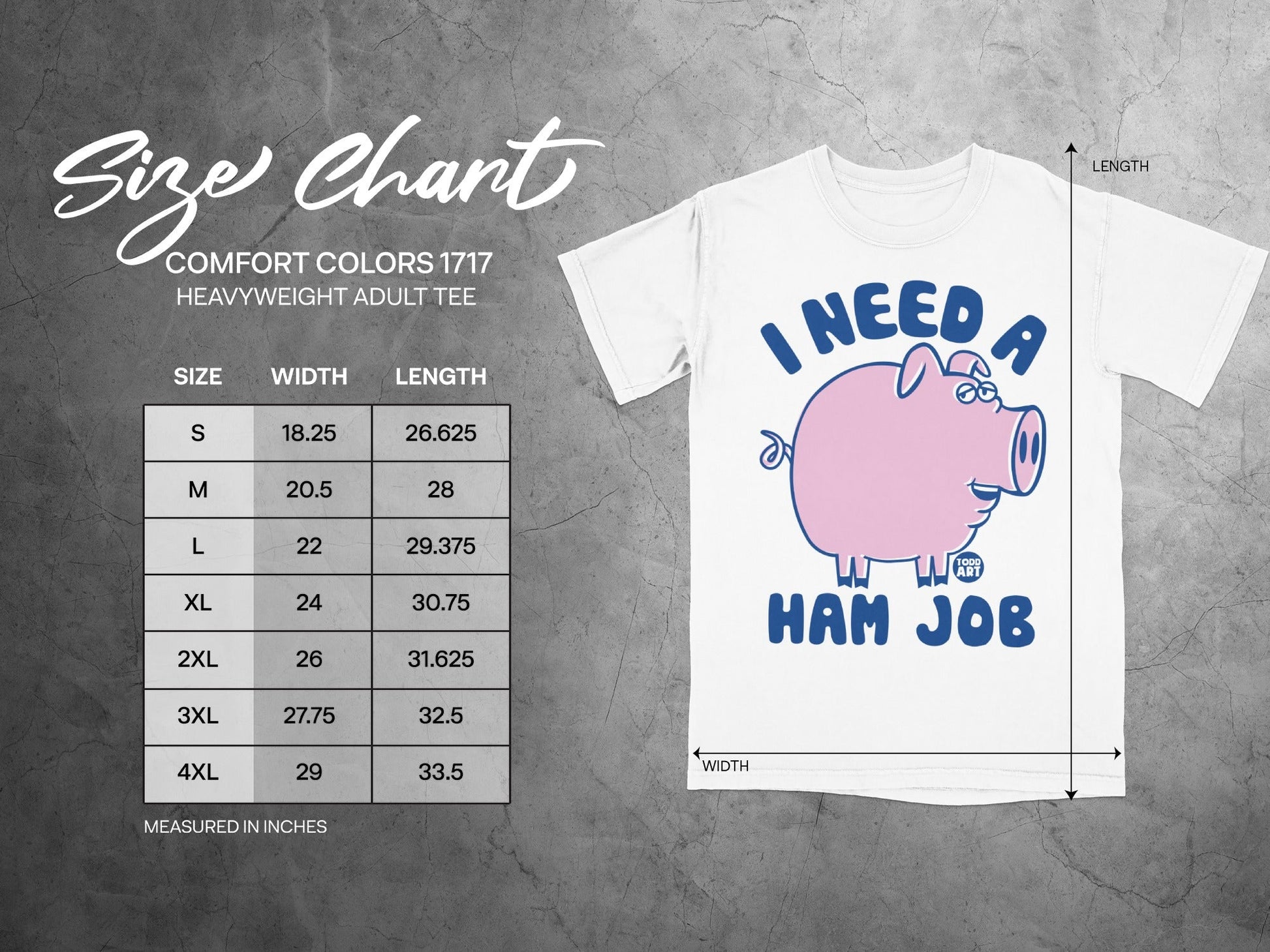Comfort Colors 1717 size chart for heavyweight adult tee with pig graphic.