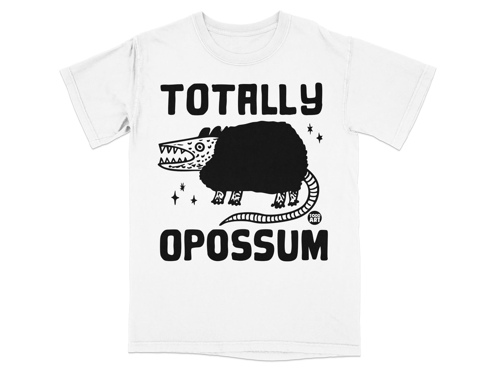 White t-shirt featuring a black opossum illustration and "TOTALLY OPOSSUM" text.