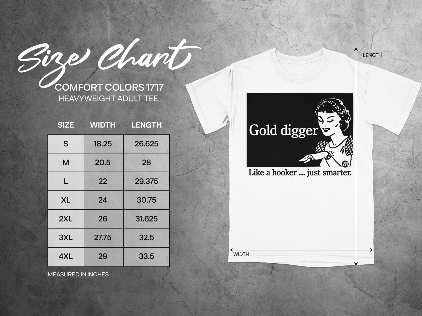 Comfort Colors size chart for heavyweight adult tee, "Gold digger" shirt.