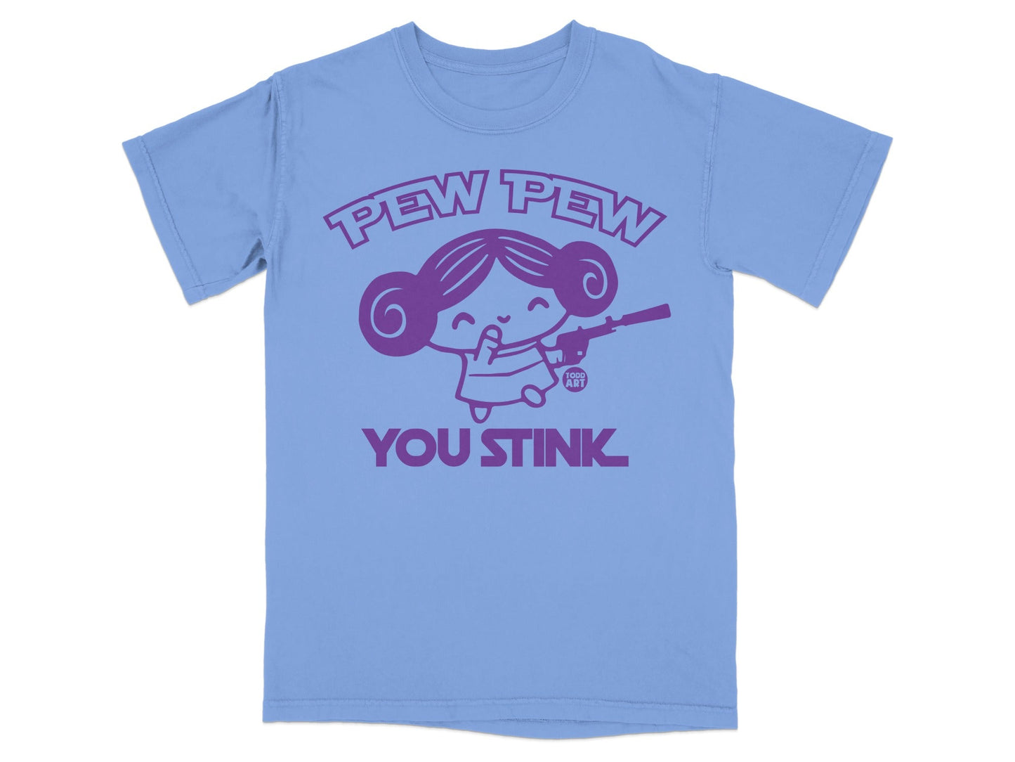Purple t-shirt with cartoon character saying "Pew Pew You Stink".