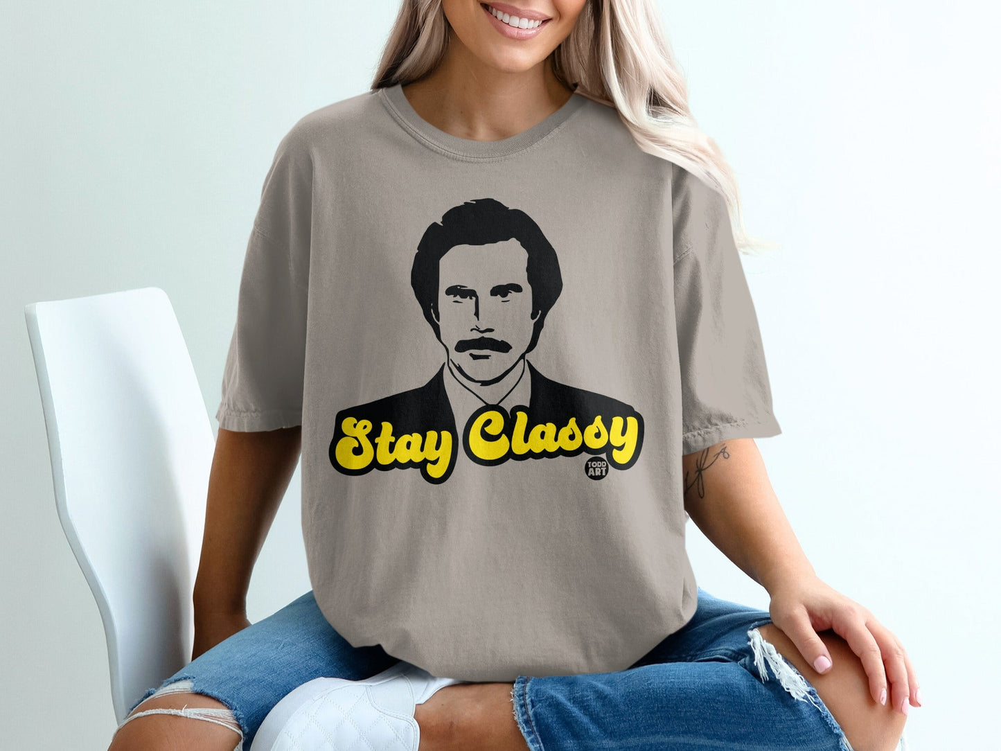 T-shirt with "Stay Classy" text and portrait of Ron Burgundy.