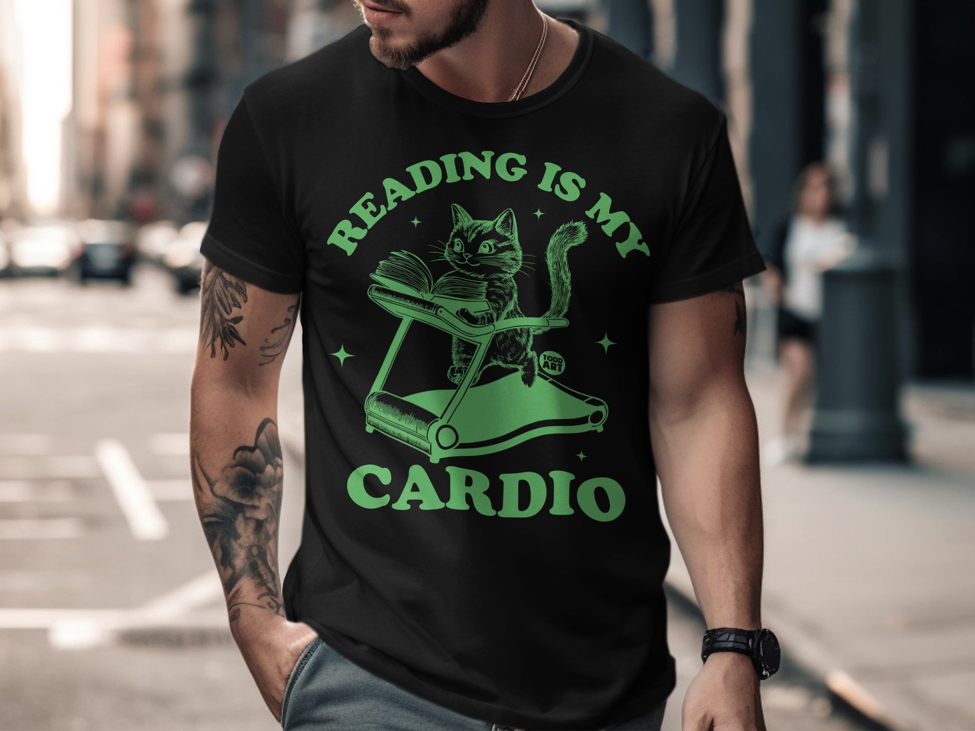 Reading Is My Cardio Cat Treadmill Graphic T-shirt