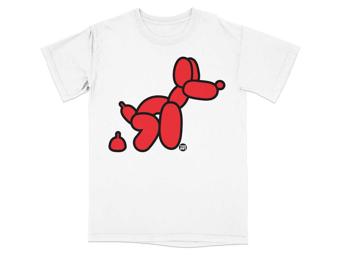 Red balloon dog figurine with a smaller red poop next to it on a white t-shirt.