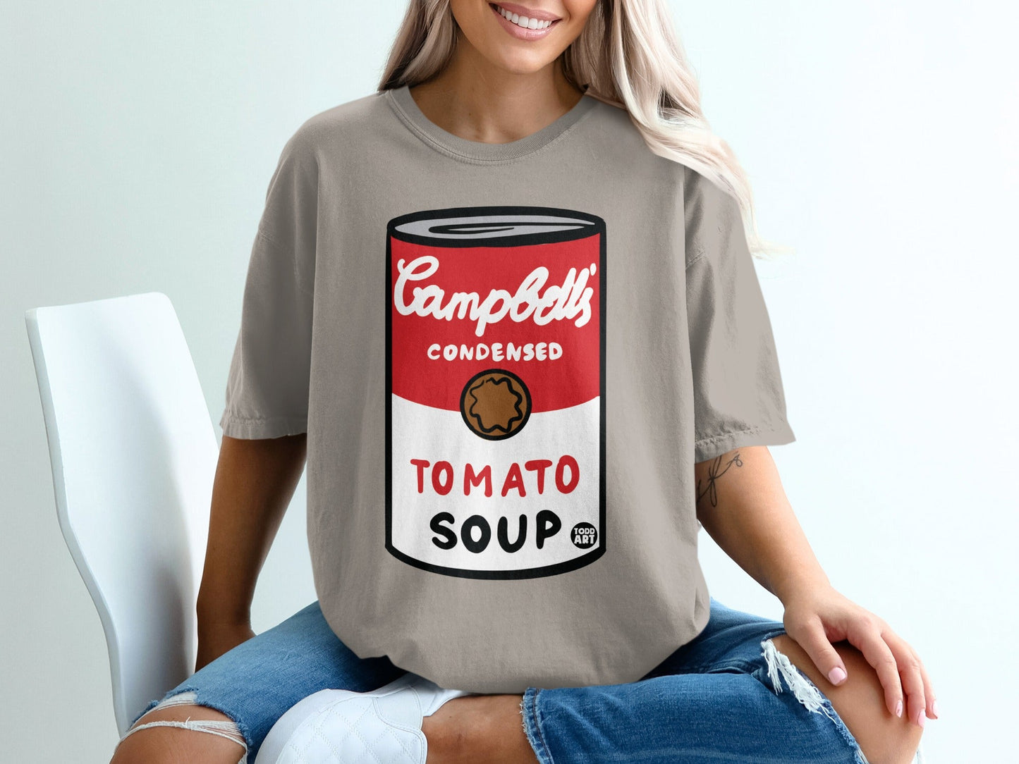 T-shirt with Campbell's Condensed Tomato Soup can design.