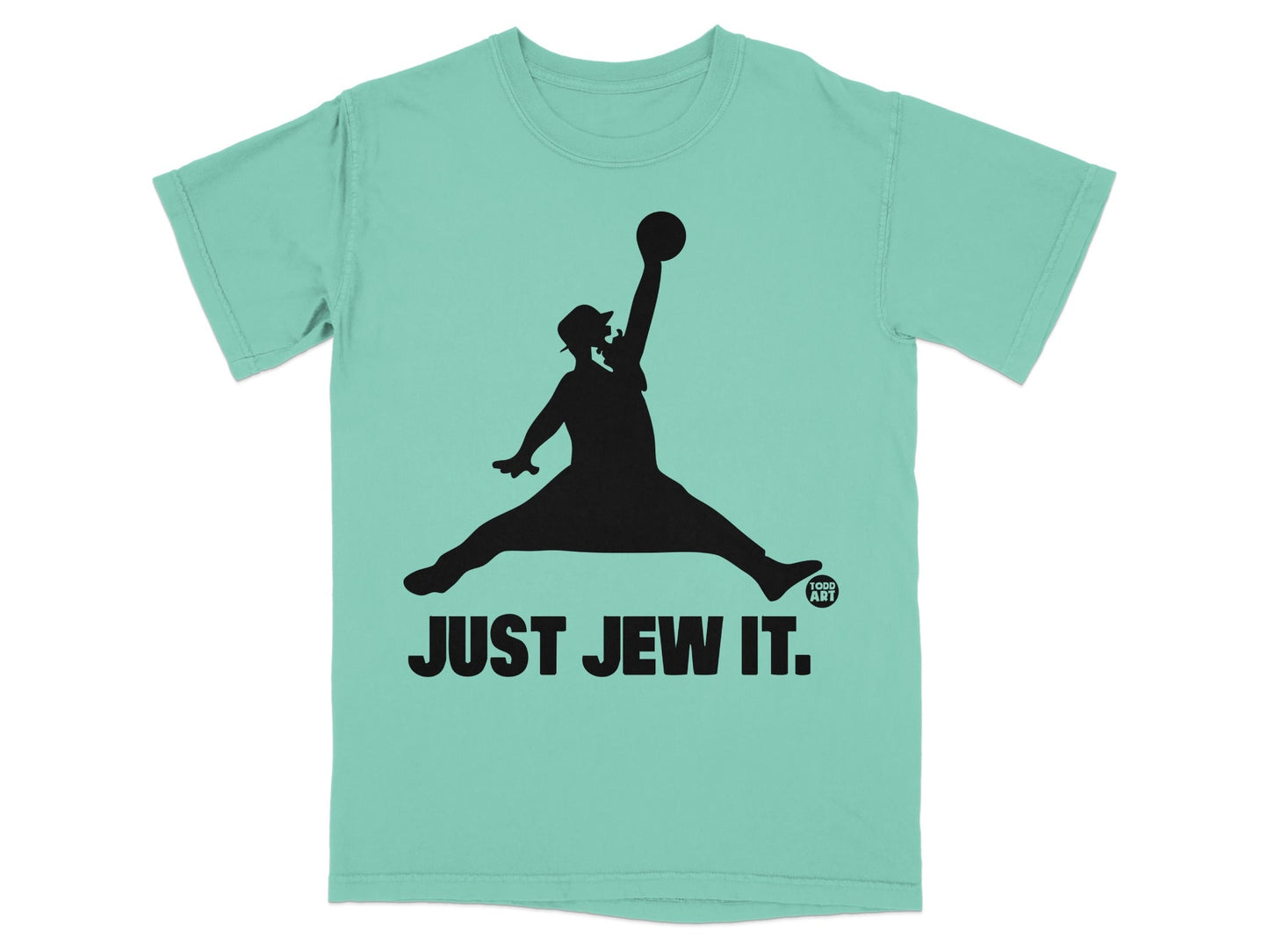 Black silhouette of a man dunking a basketball on a teal t-shirt.