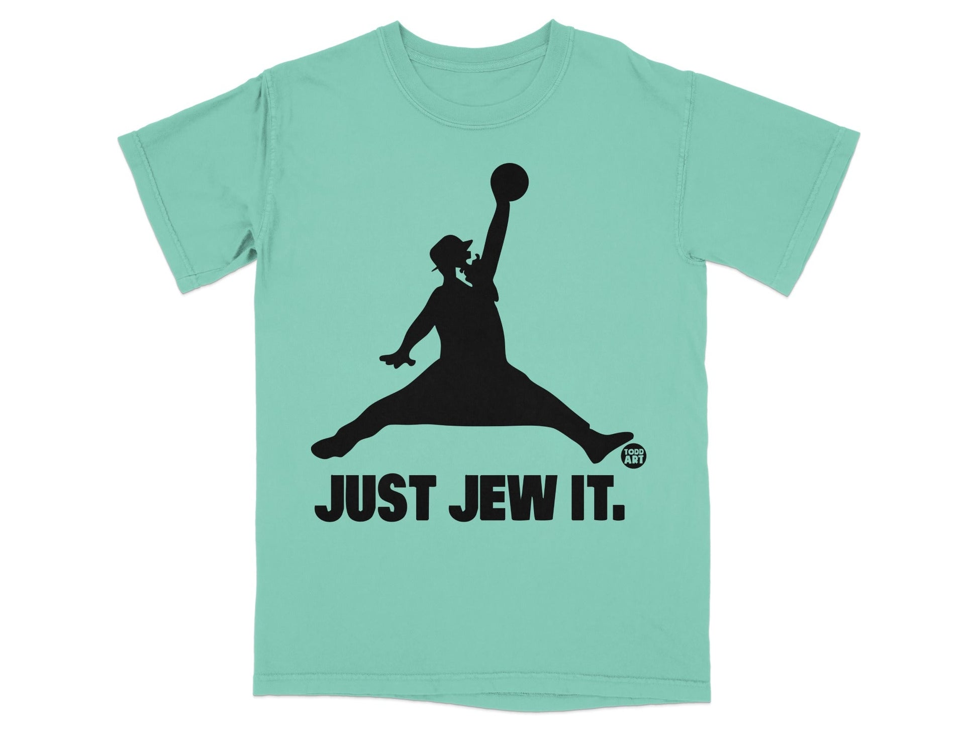 Black silhouette of a man dunking a basketball on a teal t-shirt.