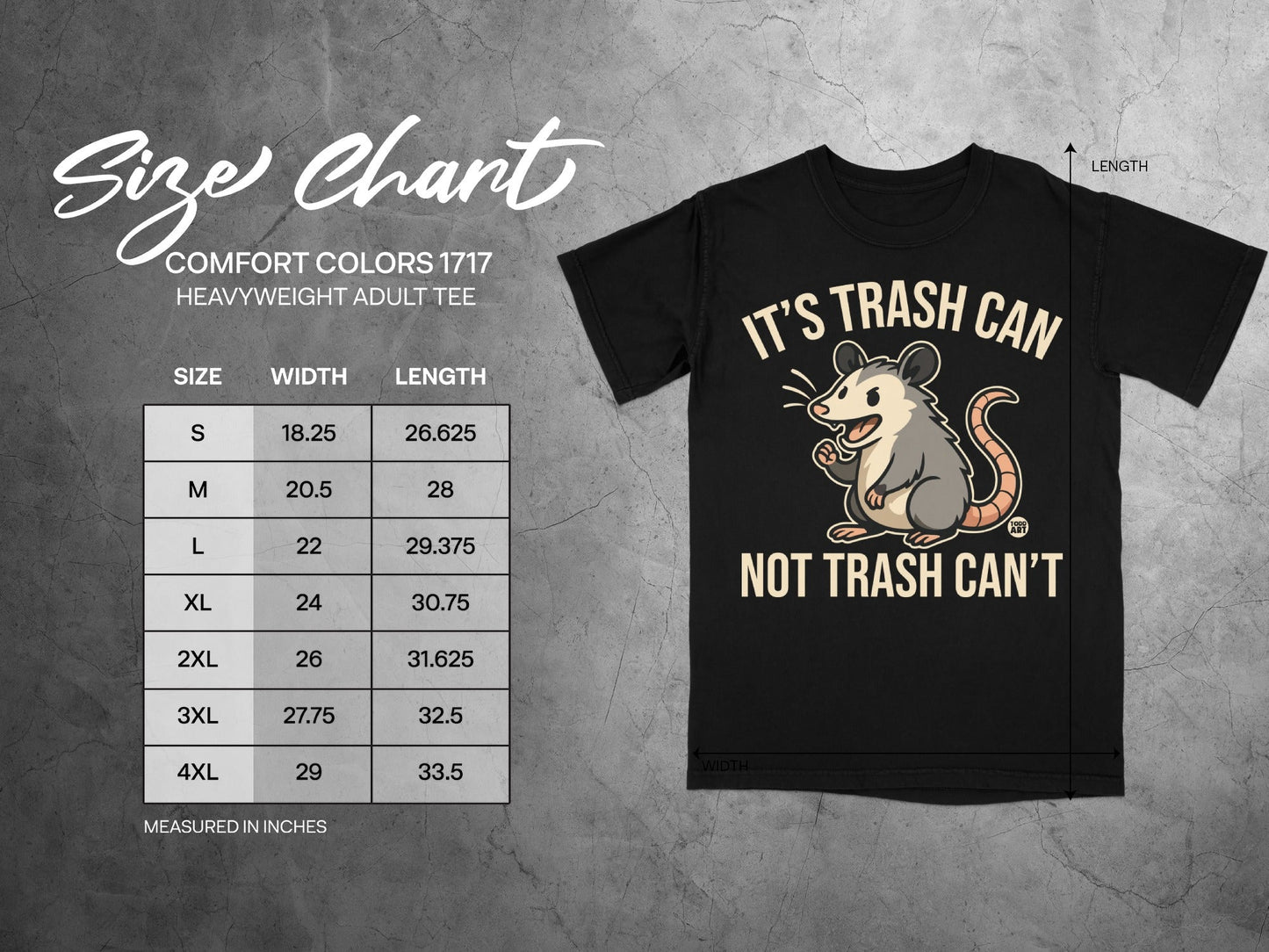 Size chart for Comfort Colors 1717 heavyweight adult tee with graphic.