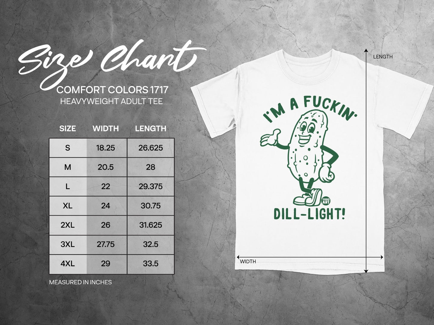 Size chart for Comfort Colors 1717 heavyweight adult tee with pickle graphic.