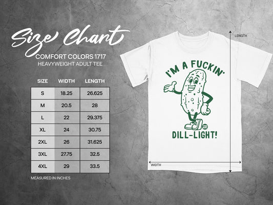 Size chart for Comfort Colors 1717 heavyweight adult tee with pickle graphic.