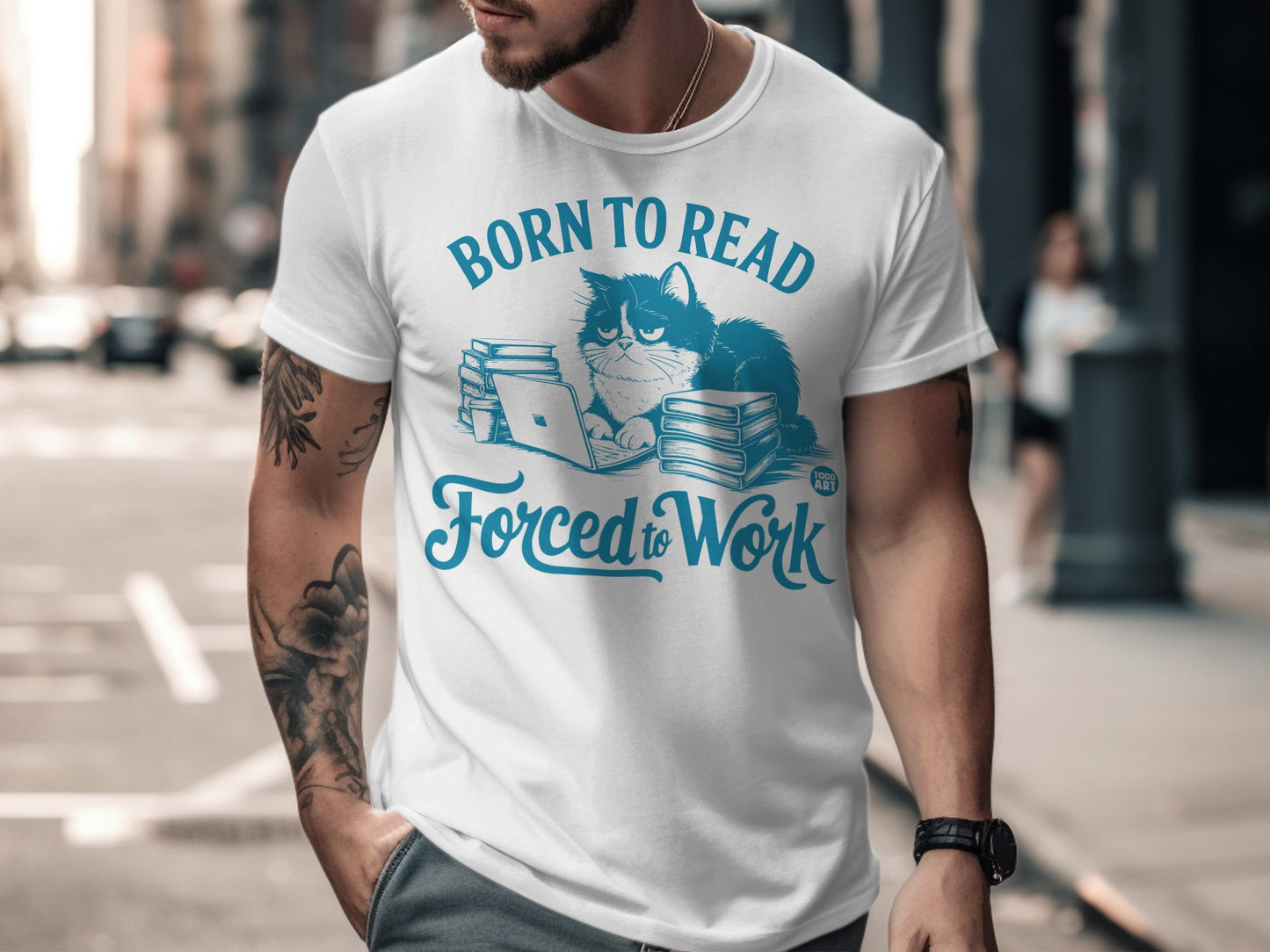 Born to Read Forced to Work Funny Cat T-shirt
