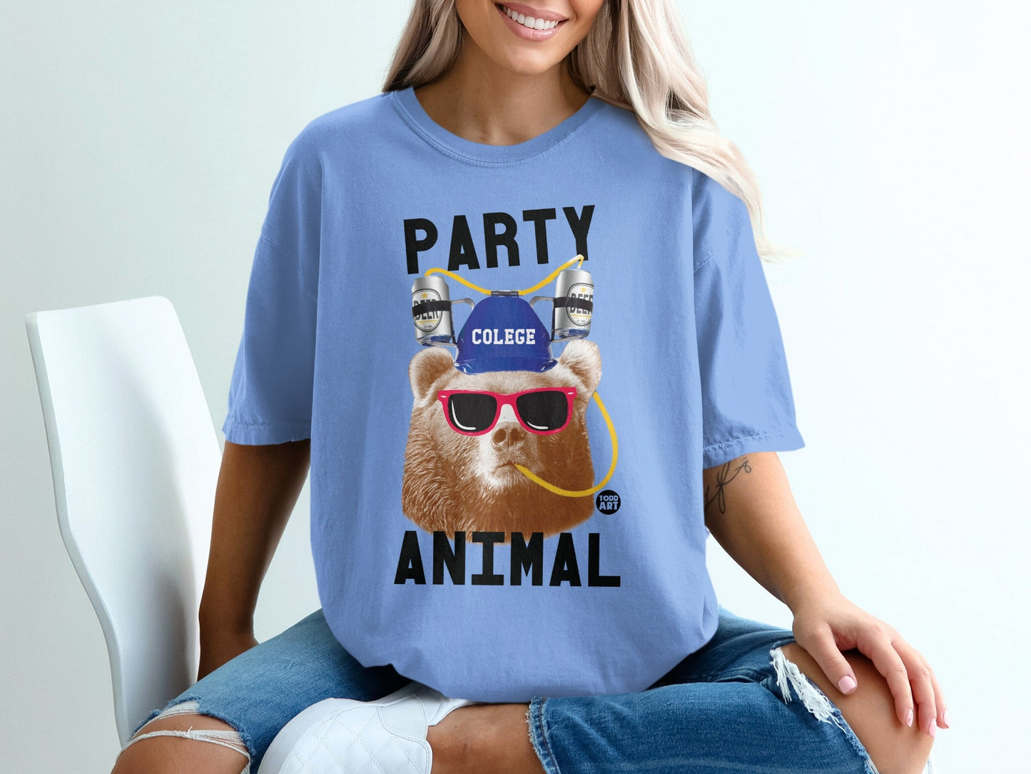 Blue Party Animal College Bear Graphic T-shirt